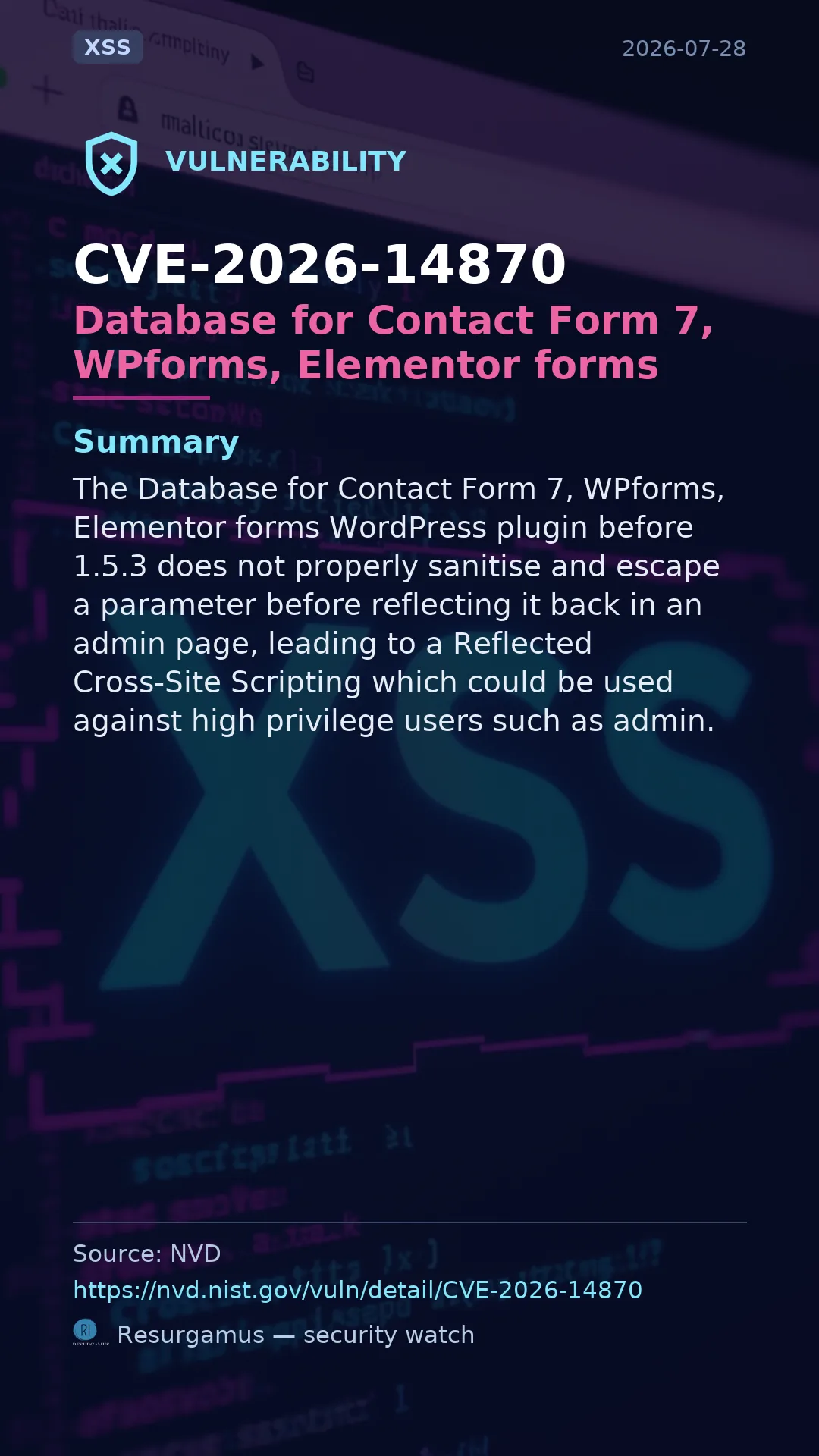 CVE-2026-14870 Database for Contact Form 7, WPforms, El Vulnerability