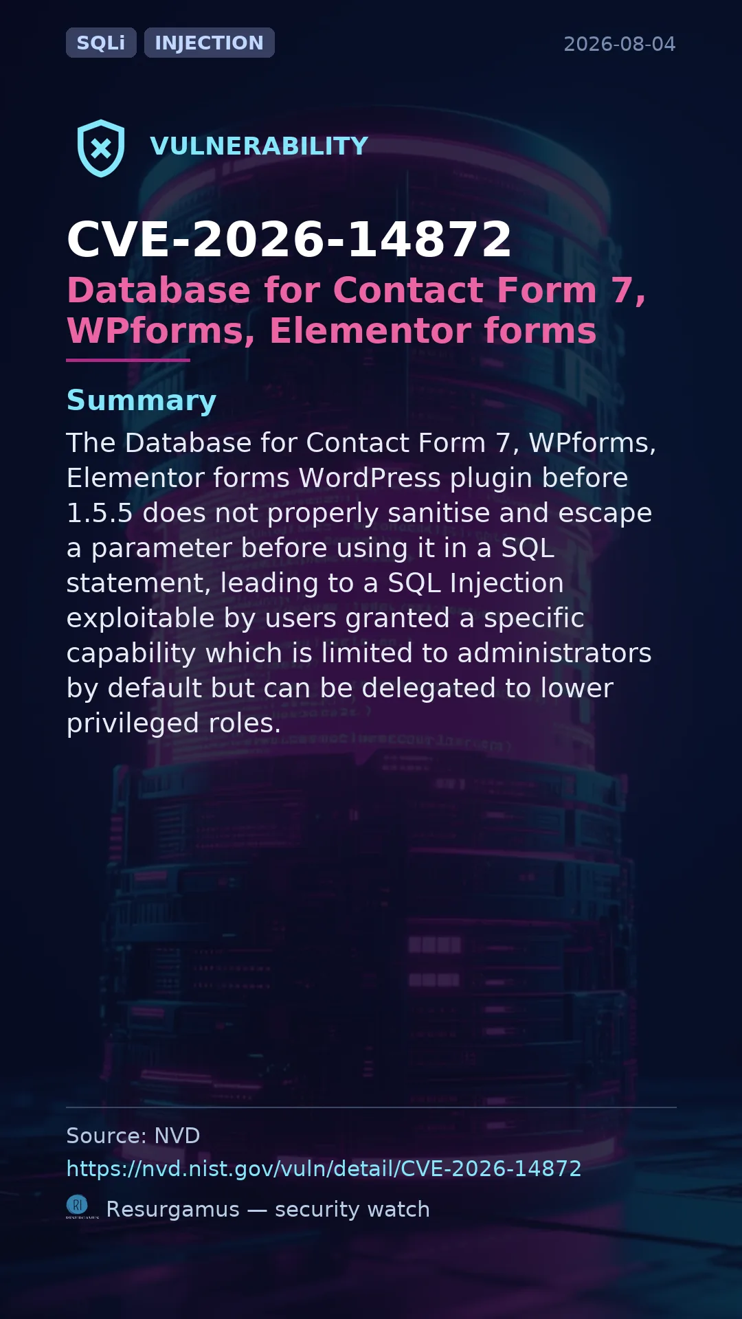 CVE-2026-14872 Database for Contact Form 7, WPforms, Elementor forms Vulnerability