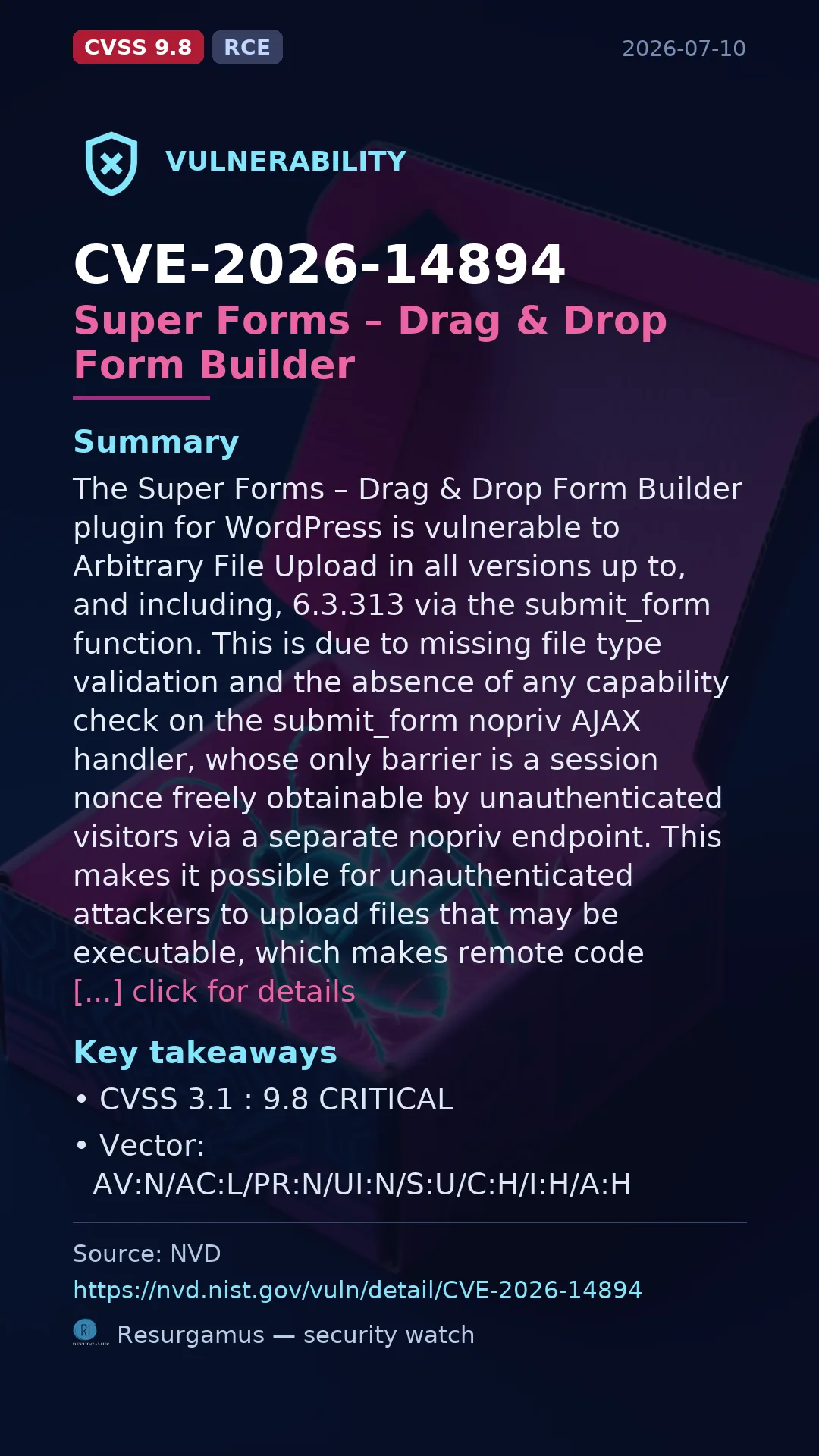 CVE-2026-14894 Super Forms – Drag & Drop Form Builder Vulnerability