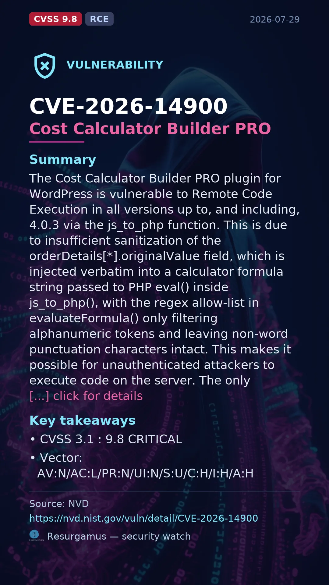 CVE-2026-14900 Cost Calculator Builder PRO Vulnerability