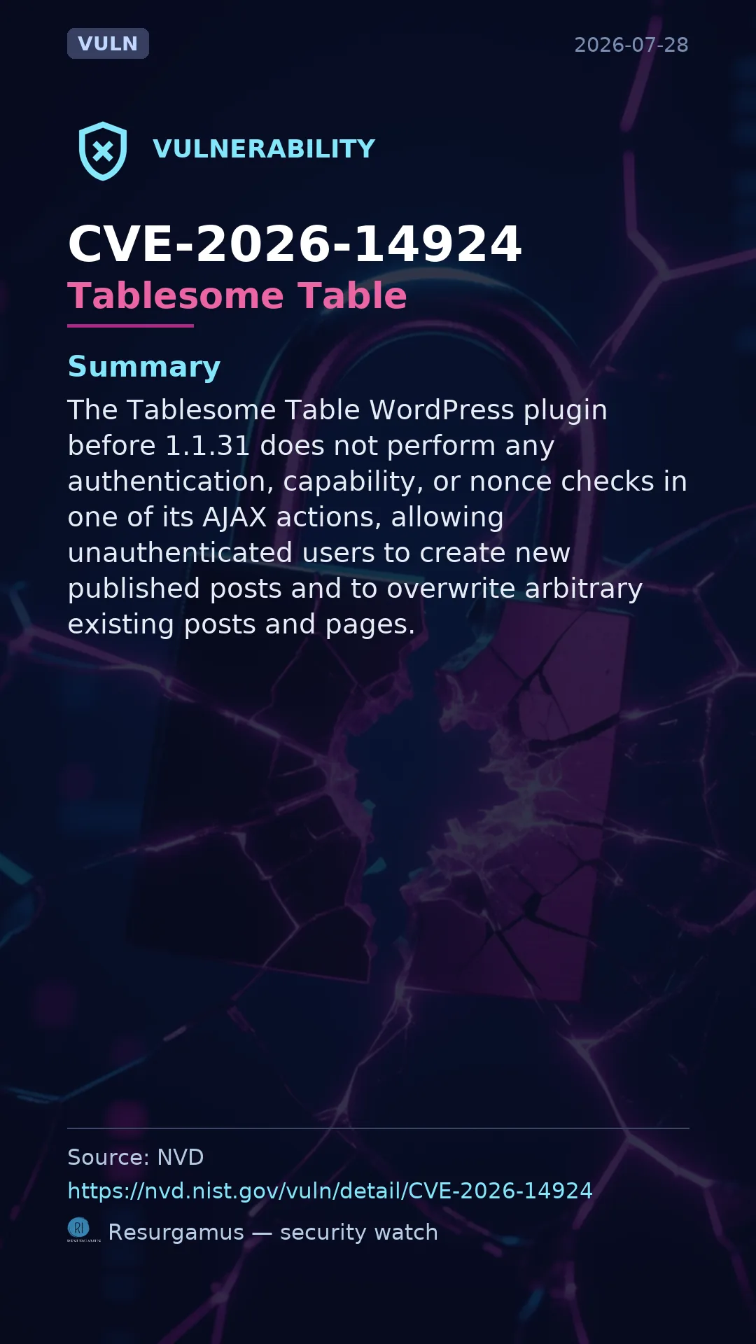 CVE-2026-14924 Tablesome Table Vulnerability