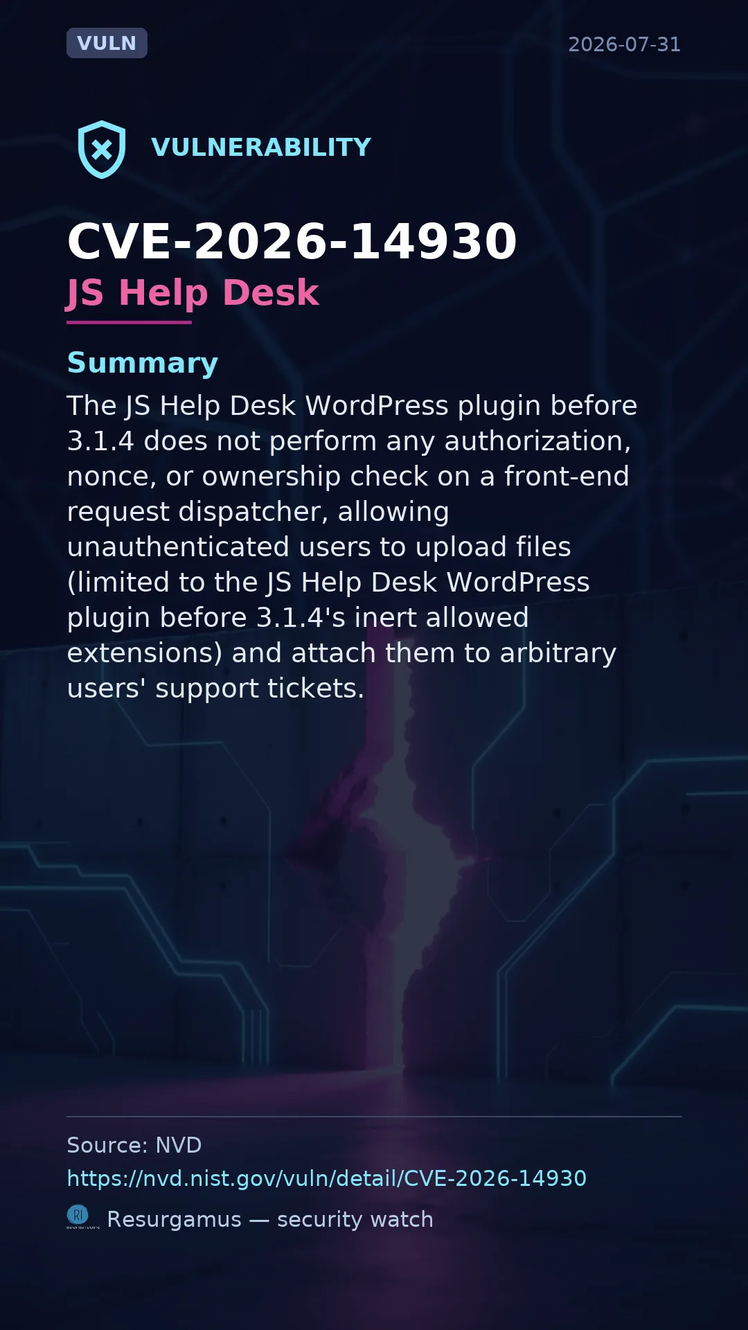 CVE-2026-14930 JS Help Desk Vulnerability