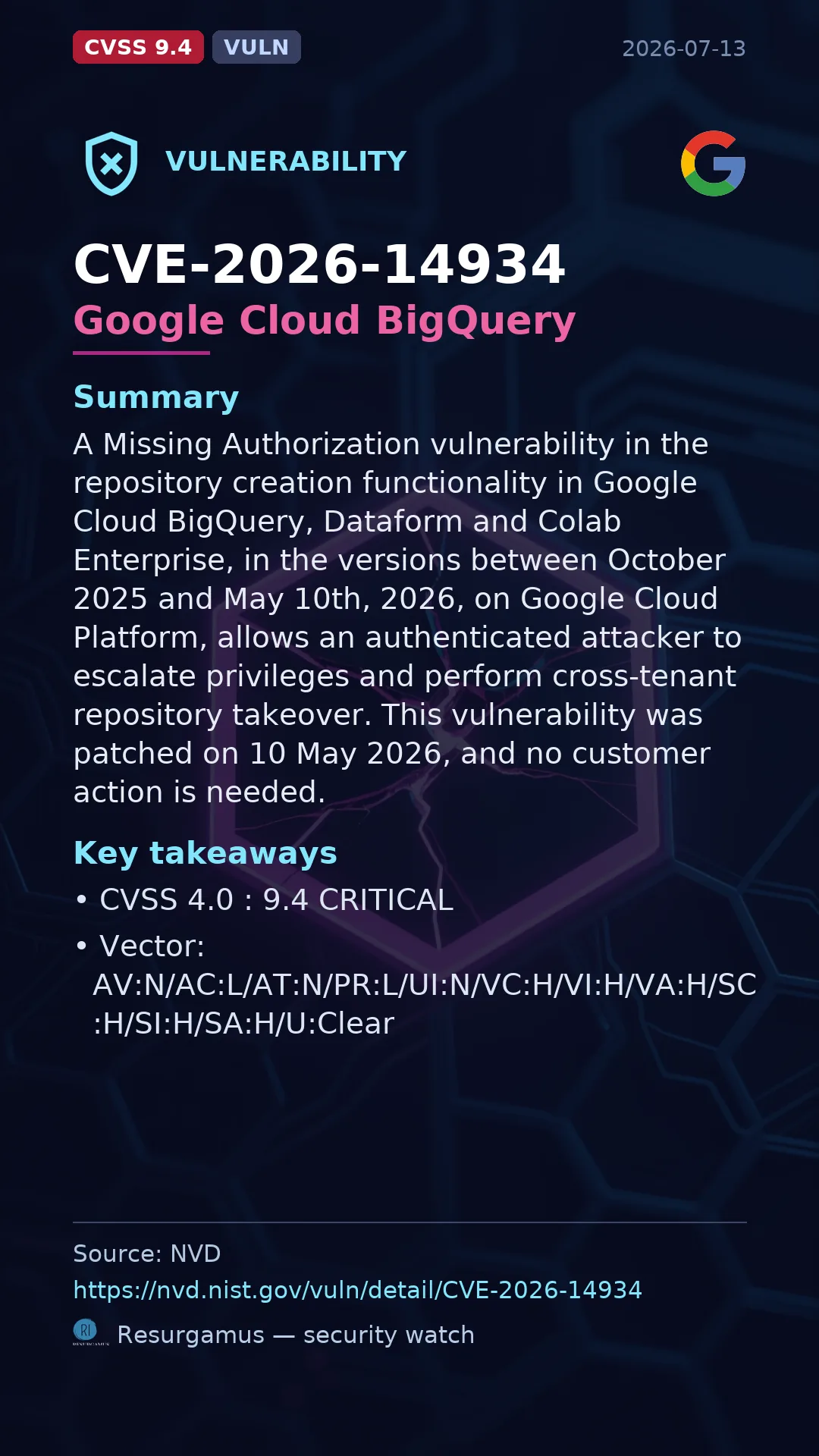CVE-2026-14934 Google Cloud BigQuery Vulnerability