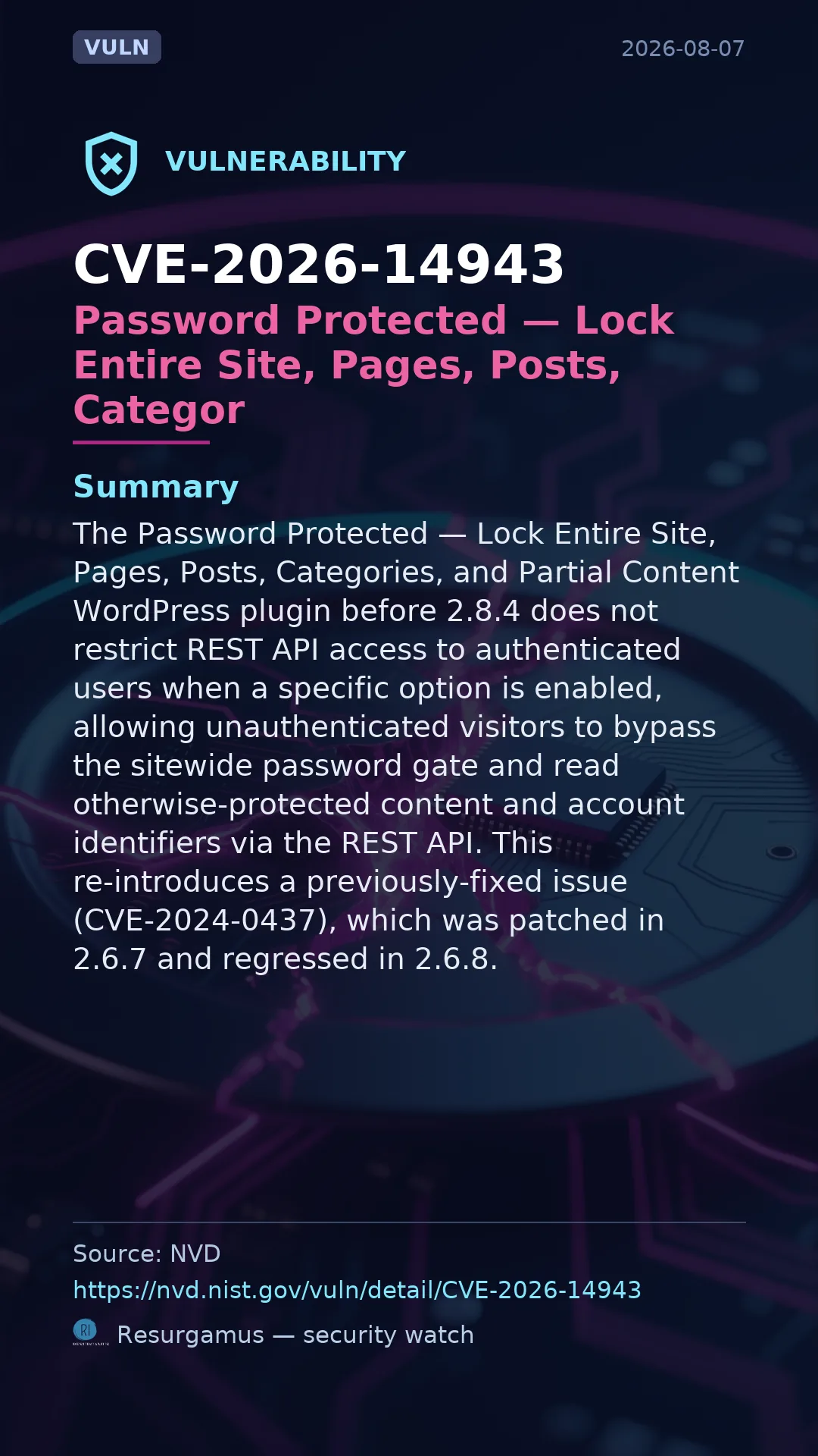 CVE-2026-14943 Password Protected — Lock Entire Site, Pages, Posts, Categor Vulnerability