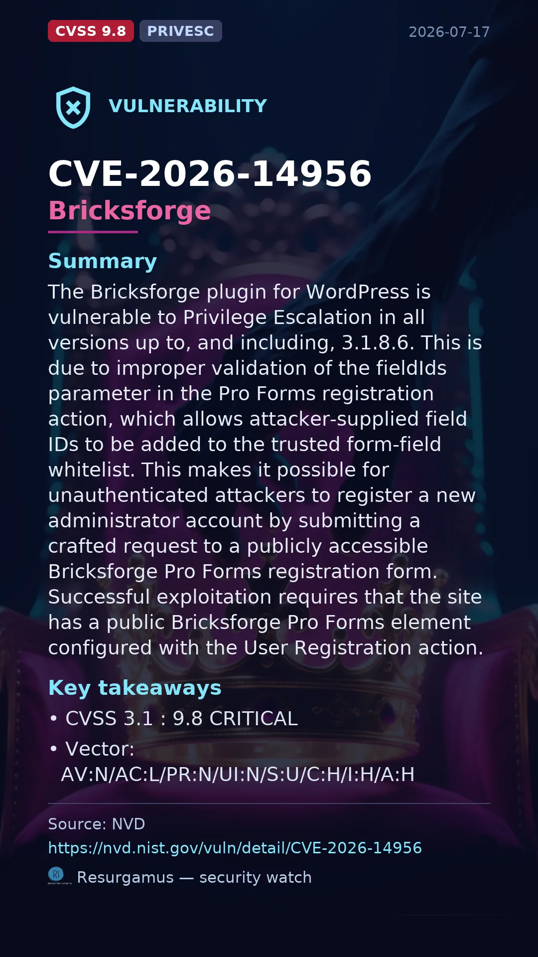 CVE-2026-14956 Bricksforge Vulnerability