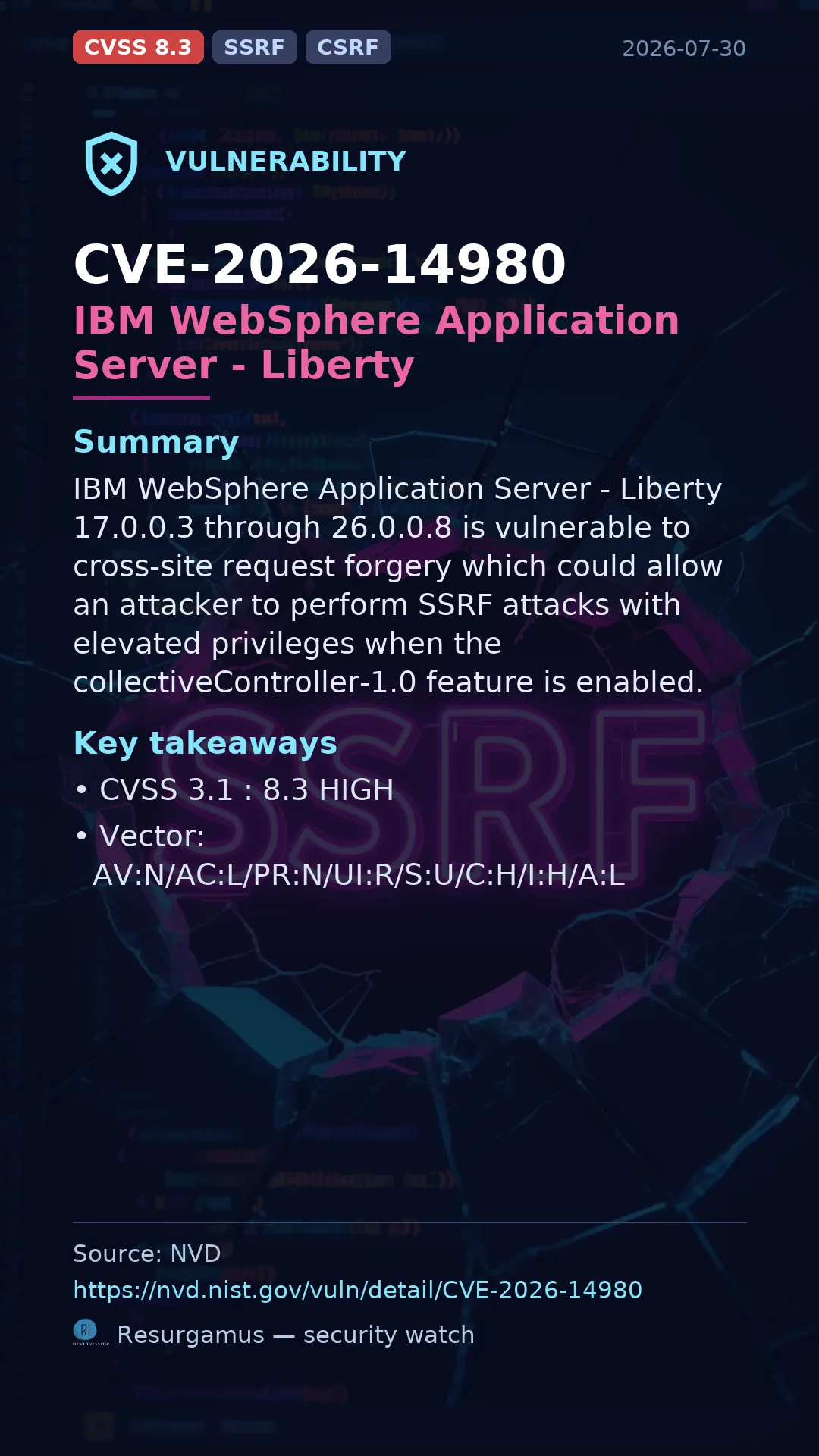 CVE-2026-14980 IBM WebSphere Application Server - Liberty Vulnerability