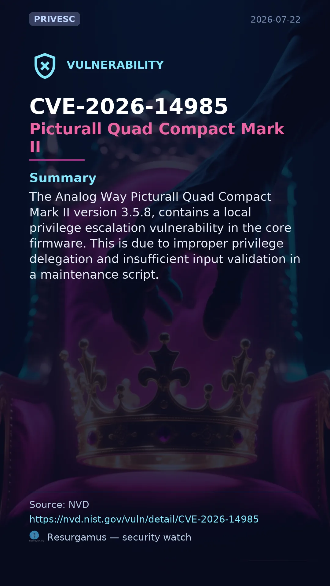 CVE-2026-14985 Picturall Quad Compact Mark II Vulnerability