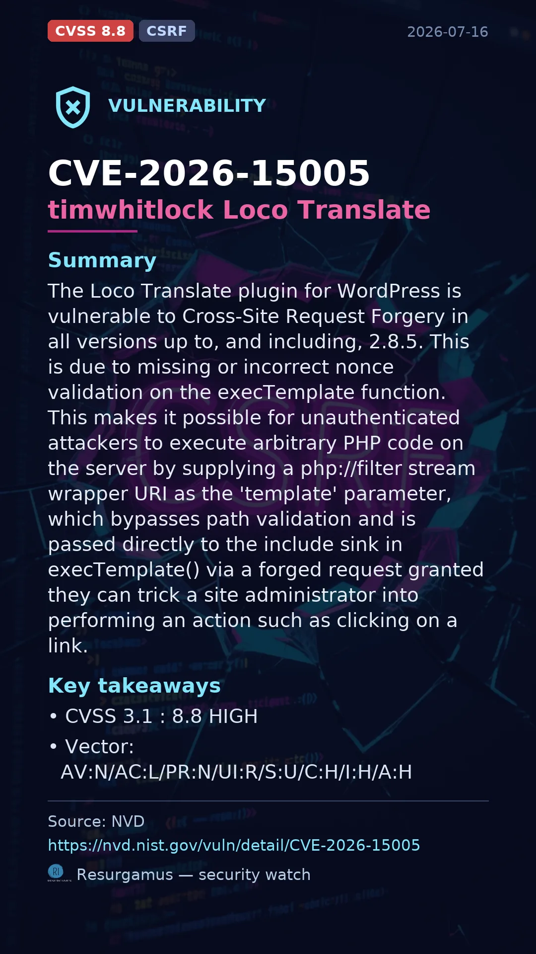 CVE-2026-15005 timwhitlock Loco Translate Vulnerability