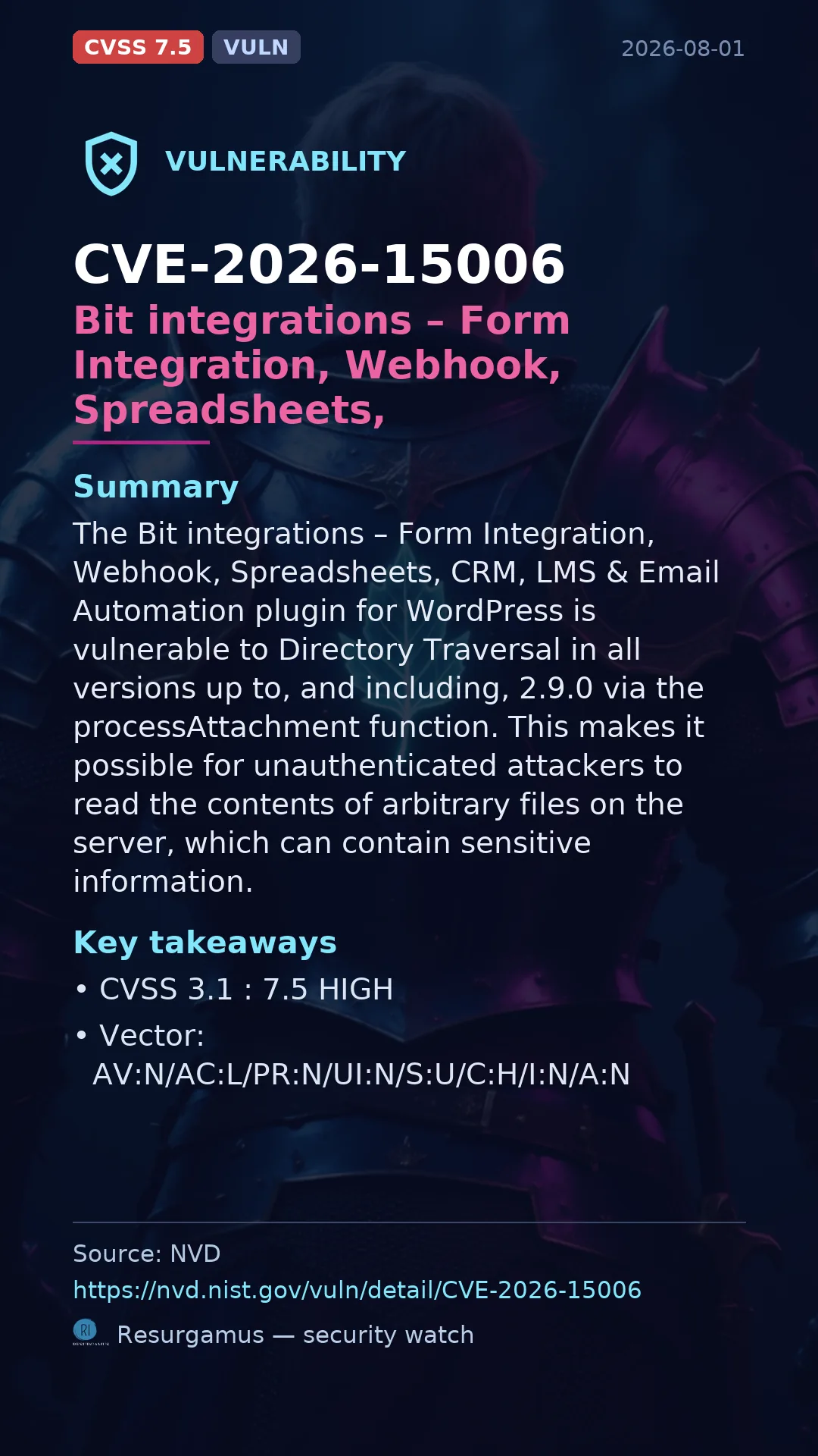 CVE-2026-15006 Bit integrations – Form Integration, Webhook, Spreadsheets,  Vulnerability