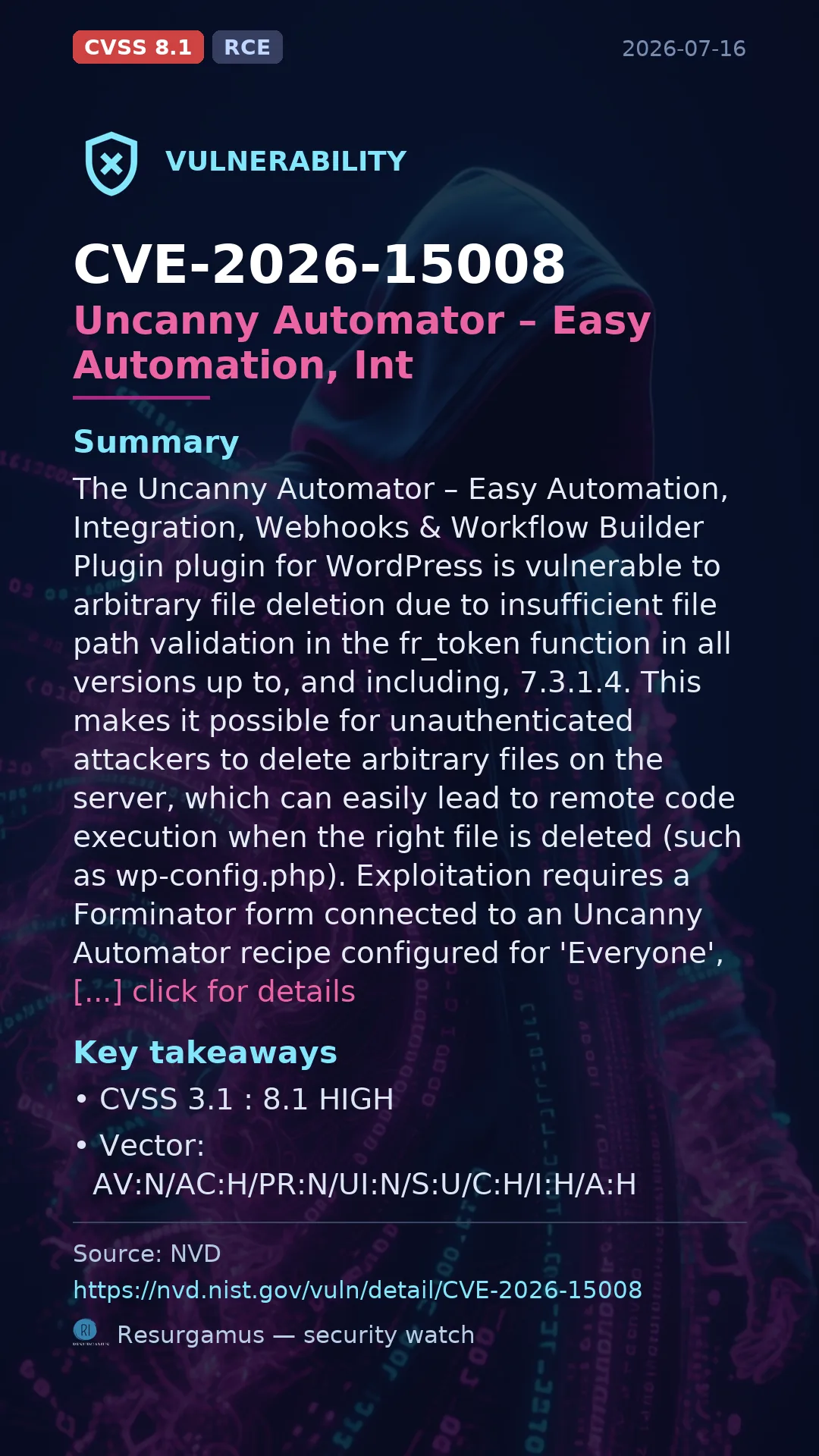 CVE-2026-15008 Uncanny Automator – Easy Automation, Int Vulnerability