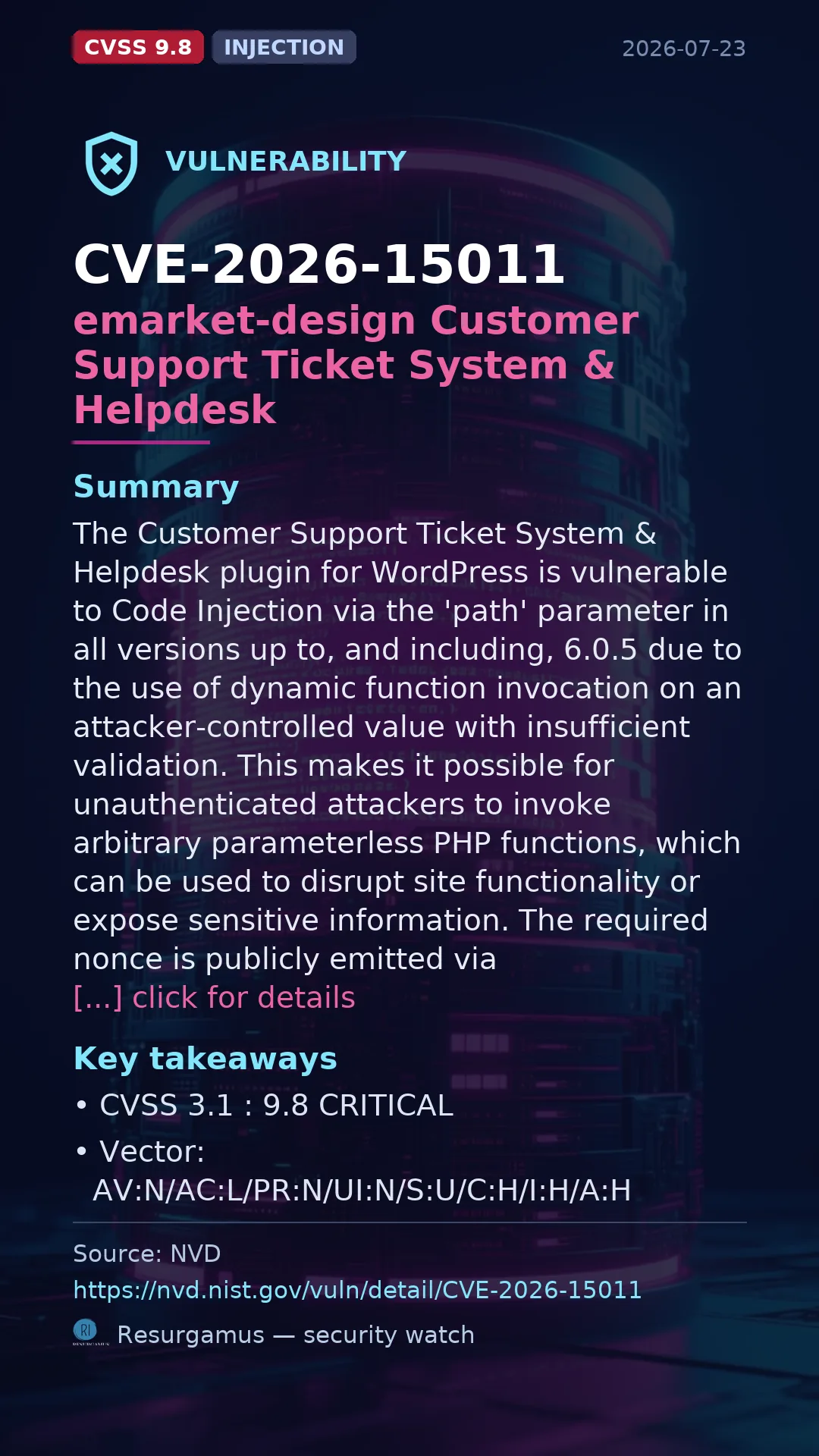 CVE-2026-15011 emarket-design Customer Support Ticket System & Helpdesk Vulnerability