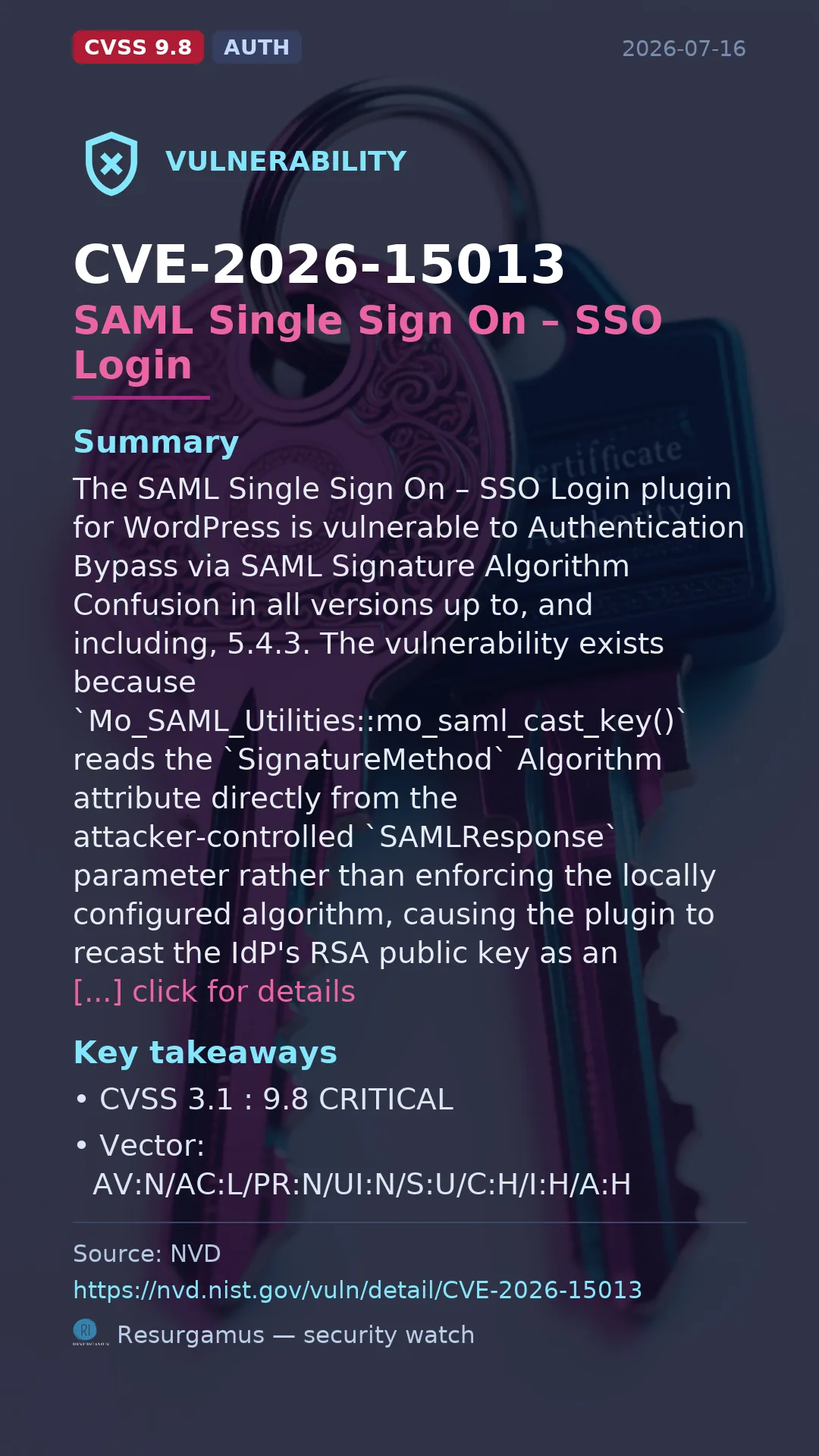 CVE-2026-15013 SAML Single Sign On – SSO Login Vulnerability
