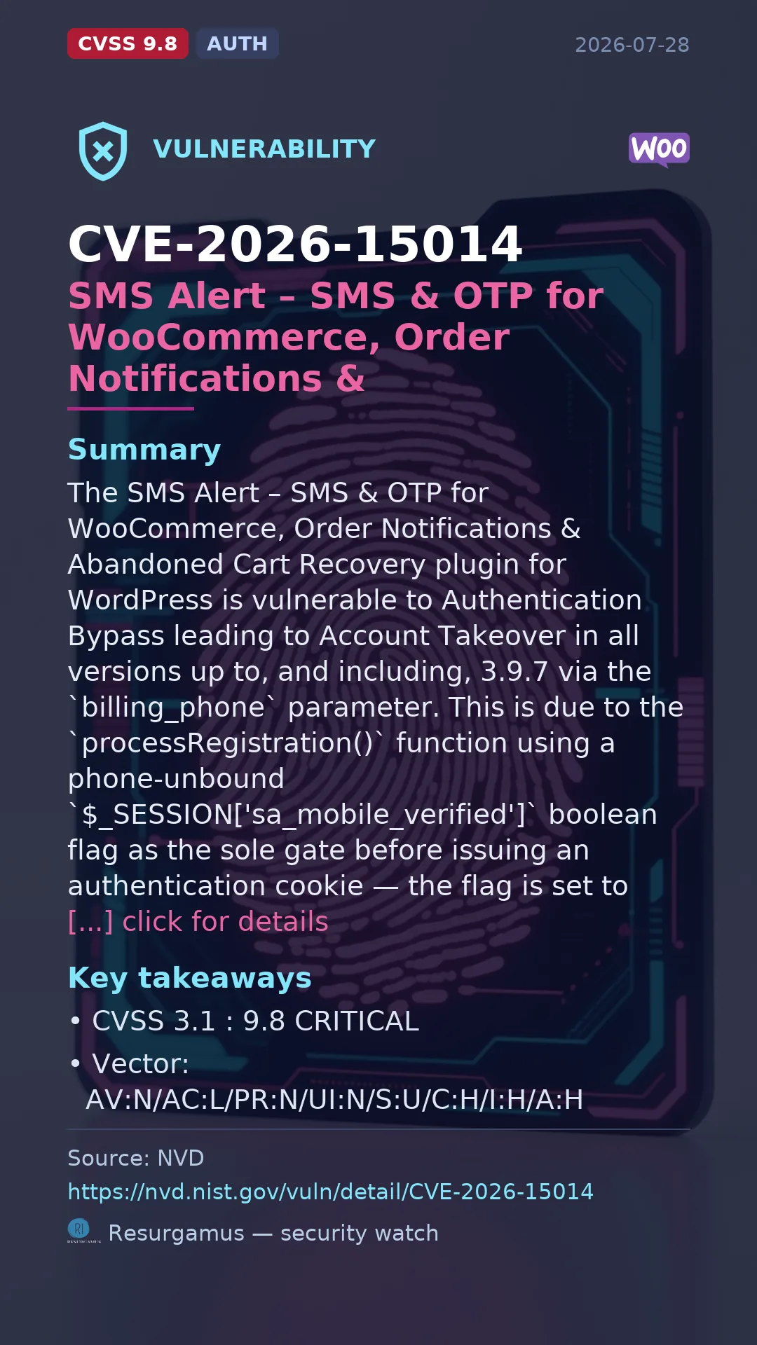 CVE-2026-15014 SMS Alert – SMS & OTP for WooCommerce, O Vulnerability