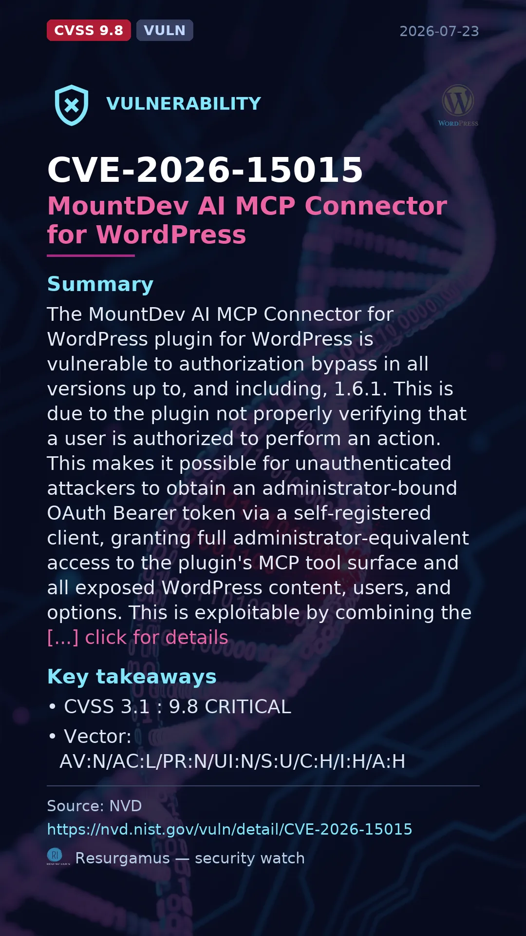 CVE-2026-15015 MountDev AI MCP Connector for WordPress Vulnerability