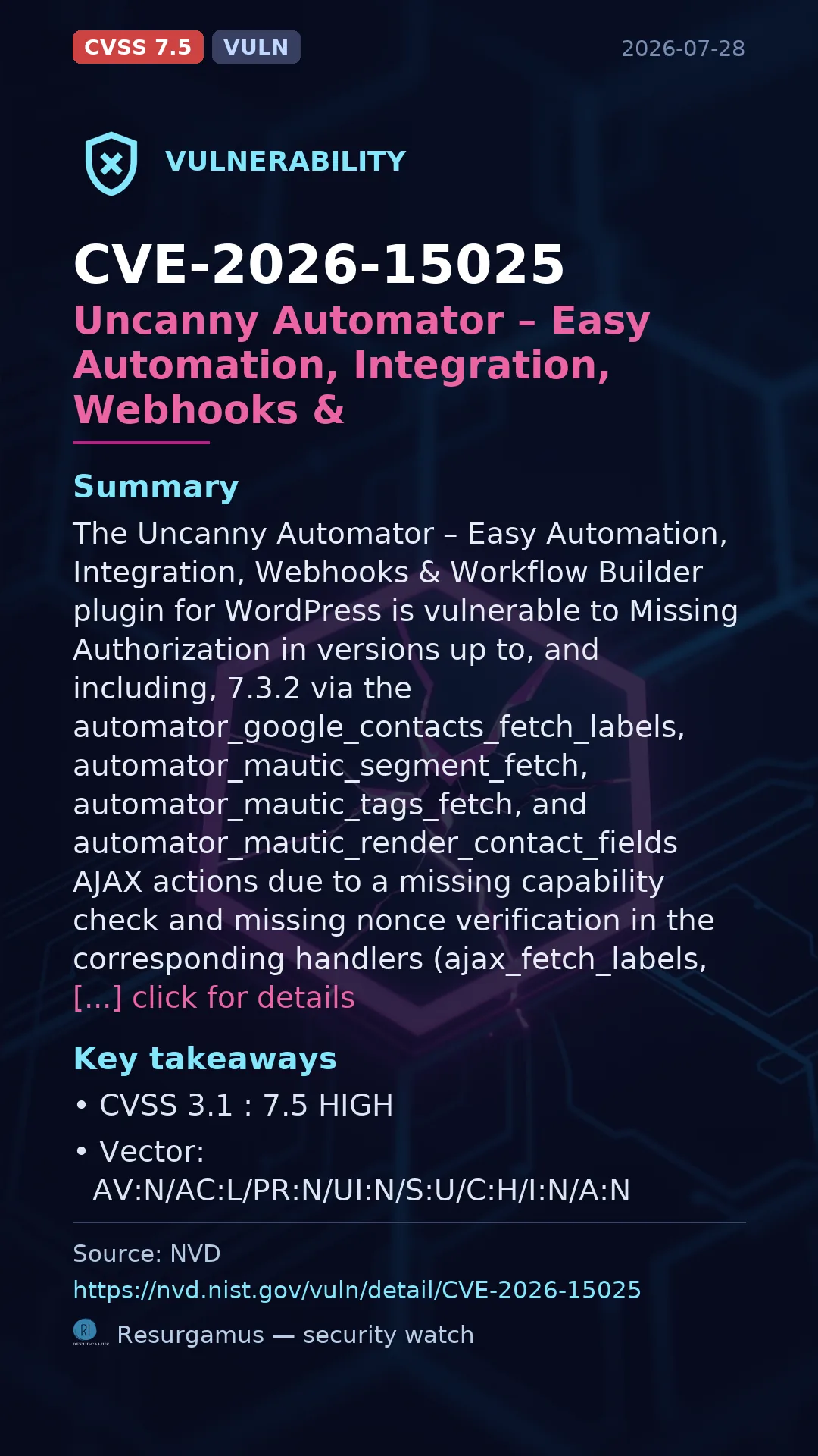 CVE-2026-15025 Uncanny Automator – Easy Automation, Int Vulnerability