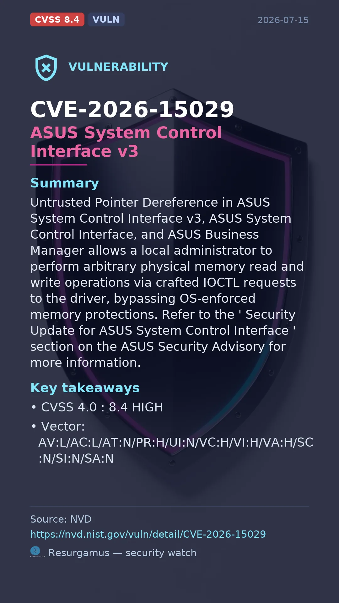 CVE-2026-15029 ASUS System Control Interface v3 Vulnerability