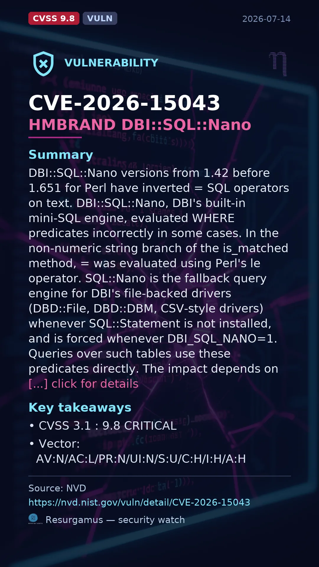 CVE-2026-15043 HMBRAND DBI::SQL::Nano Vulnerability