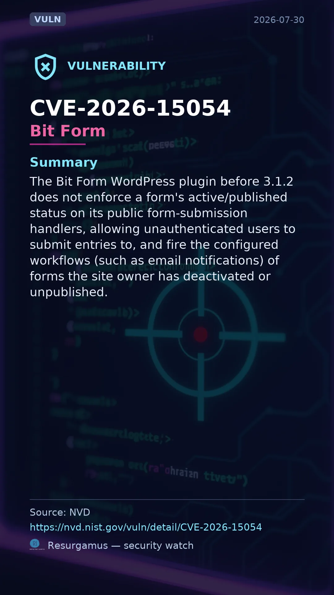 CVE-2026-15054 Bit Form Vulnerability