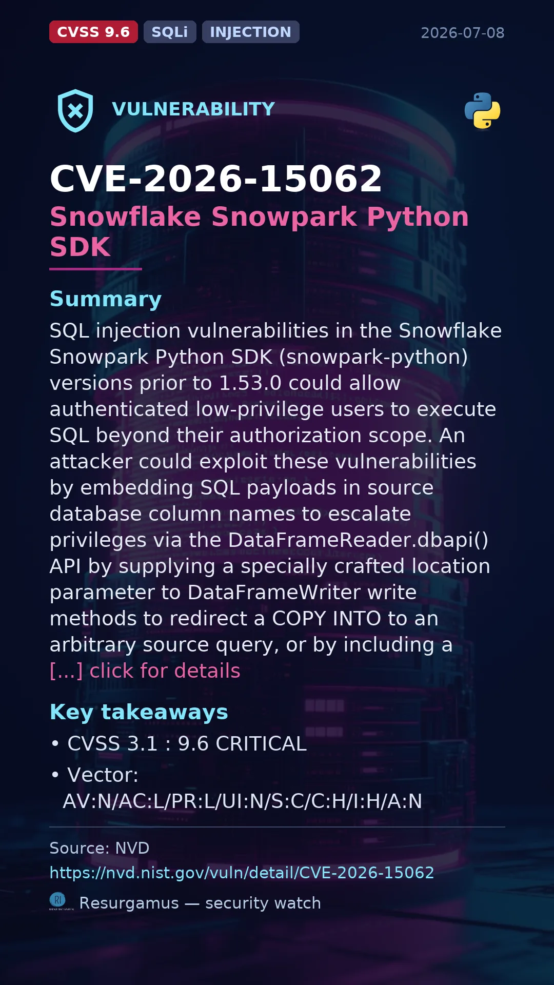 CVE-2026-15062 Snowflake Snowpark Python SDK Vulnerability