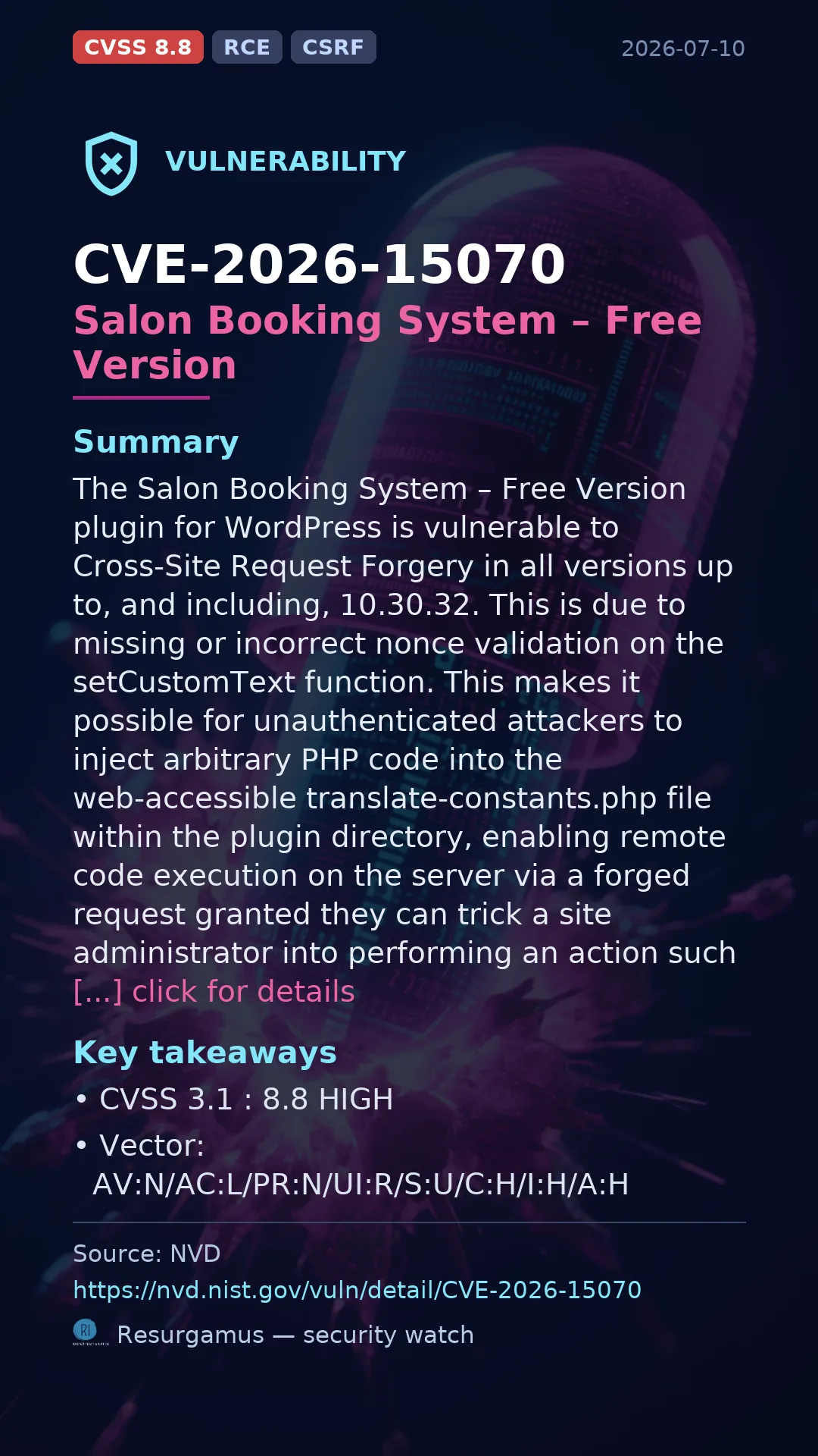 CVE-2026-15070 Salon Booking System – Free Version Vulnerability