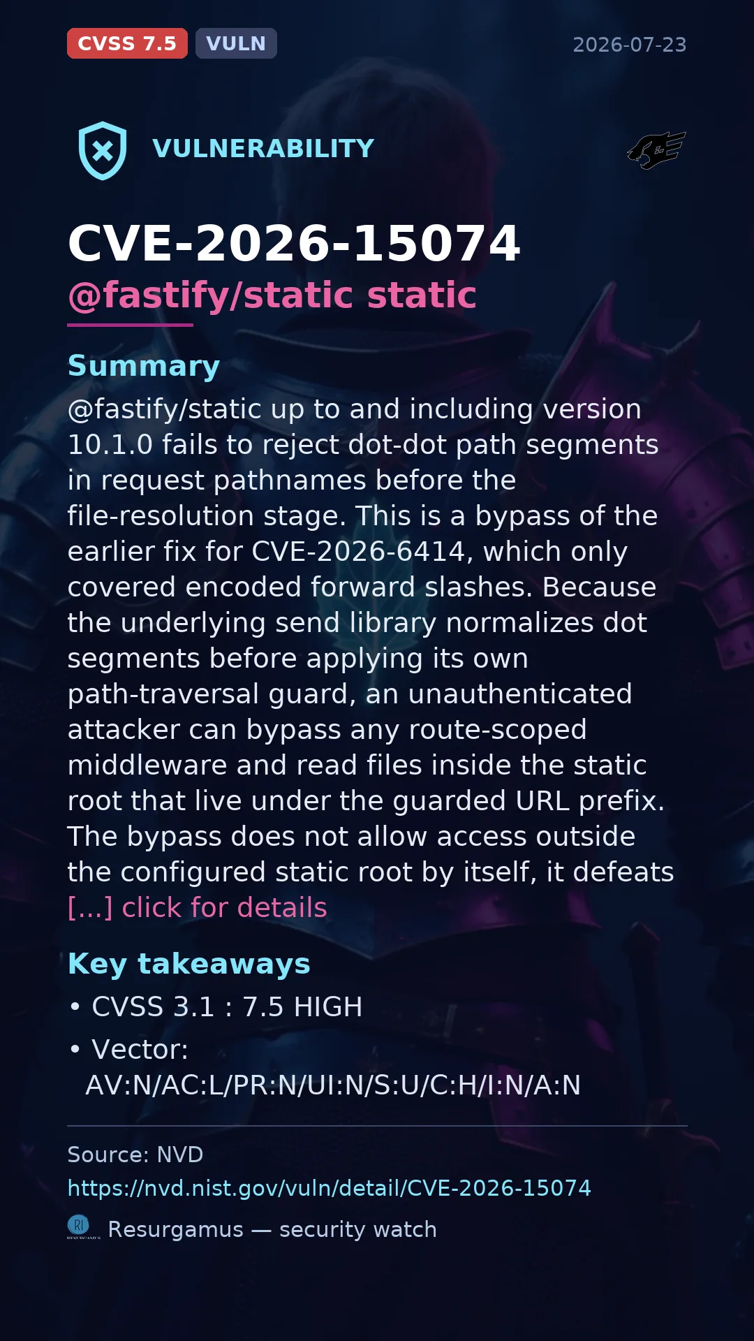 CVE-2026-15074 @fastify/static static Vulnerability