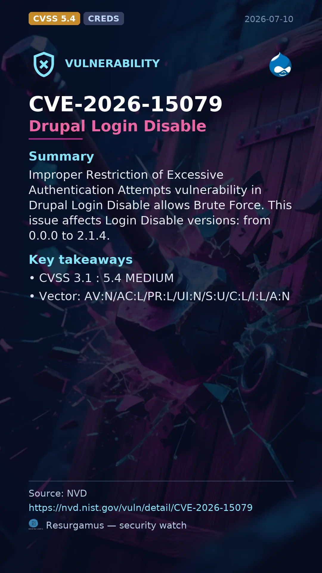 CVE-2026-15079 Drupal Login Disable Vulnerability