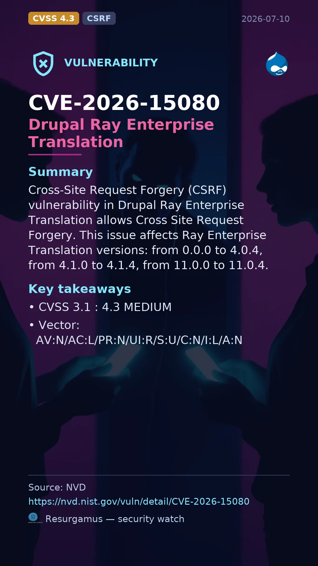 CVE-2026-15080 Drupal Ray Enterprise Translation Vulnerability