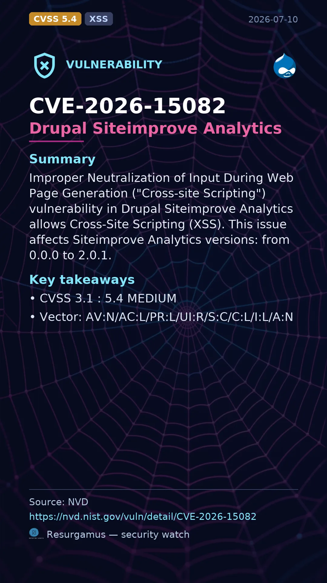 CVE-2026-15082 Drupal Siteimprove Analytics Vulnerability