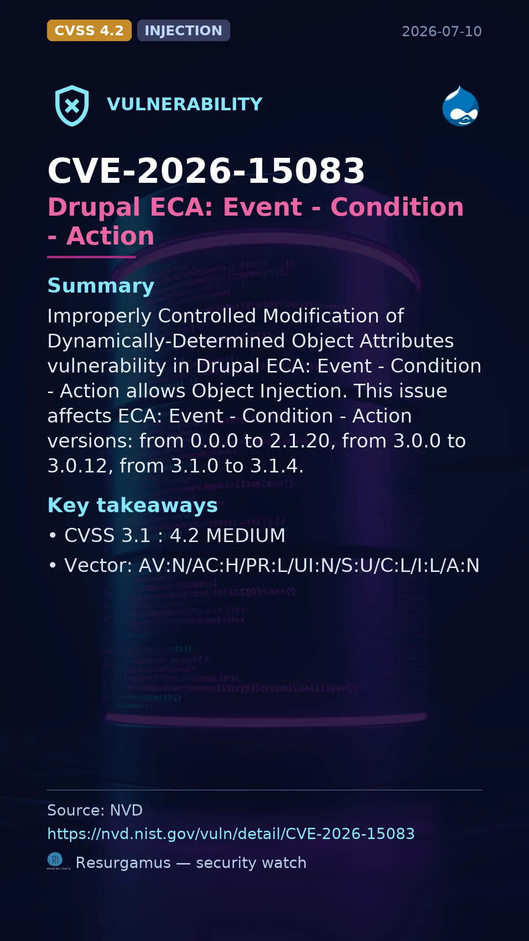CVE-2026-15083 Drupal ECA: Event - Condition - Action Vulnerability