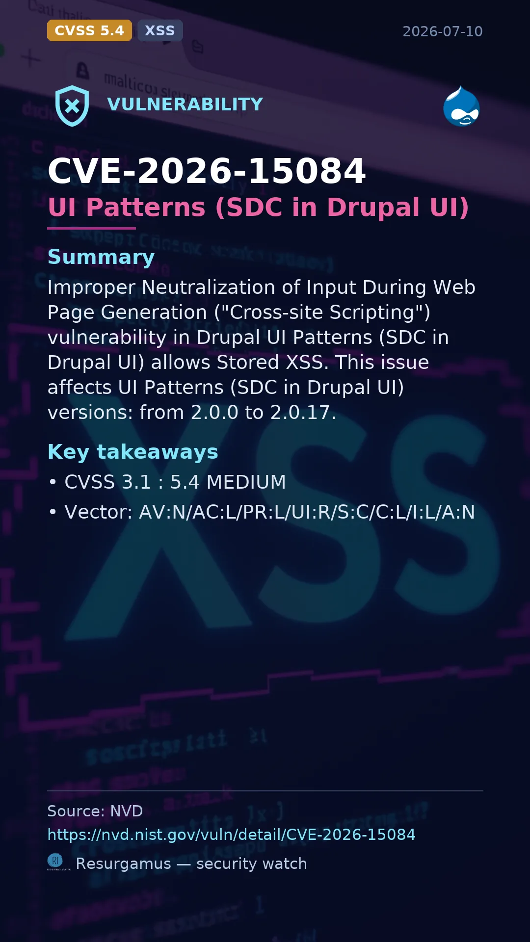 CVE-2026-15084 UI Patterns (SDC in Drupal UI) Vulnerability