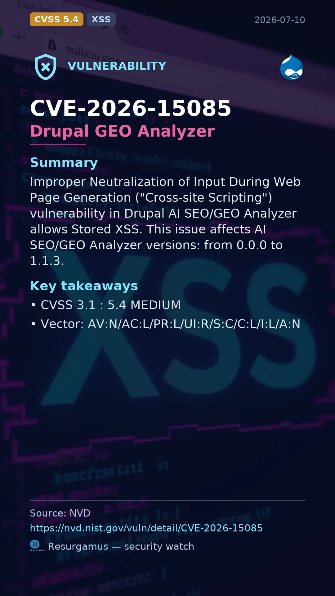 CVE-2026-15085 Drupal GEO Analyzer Vulnerability