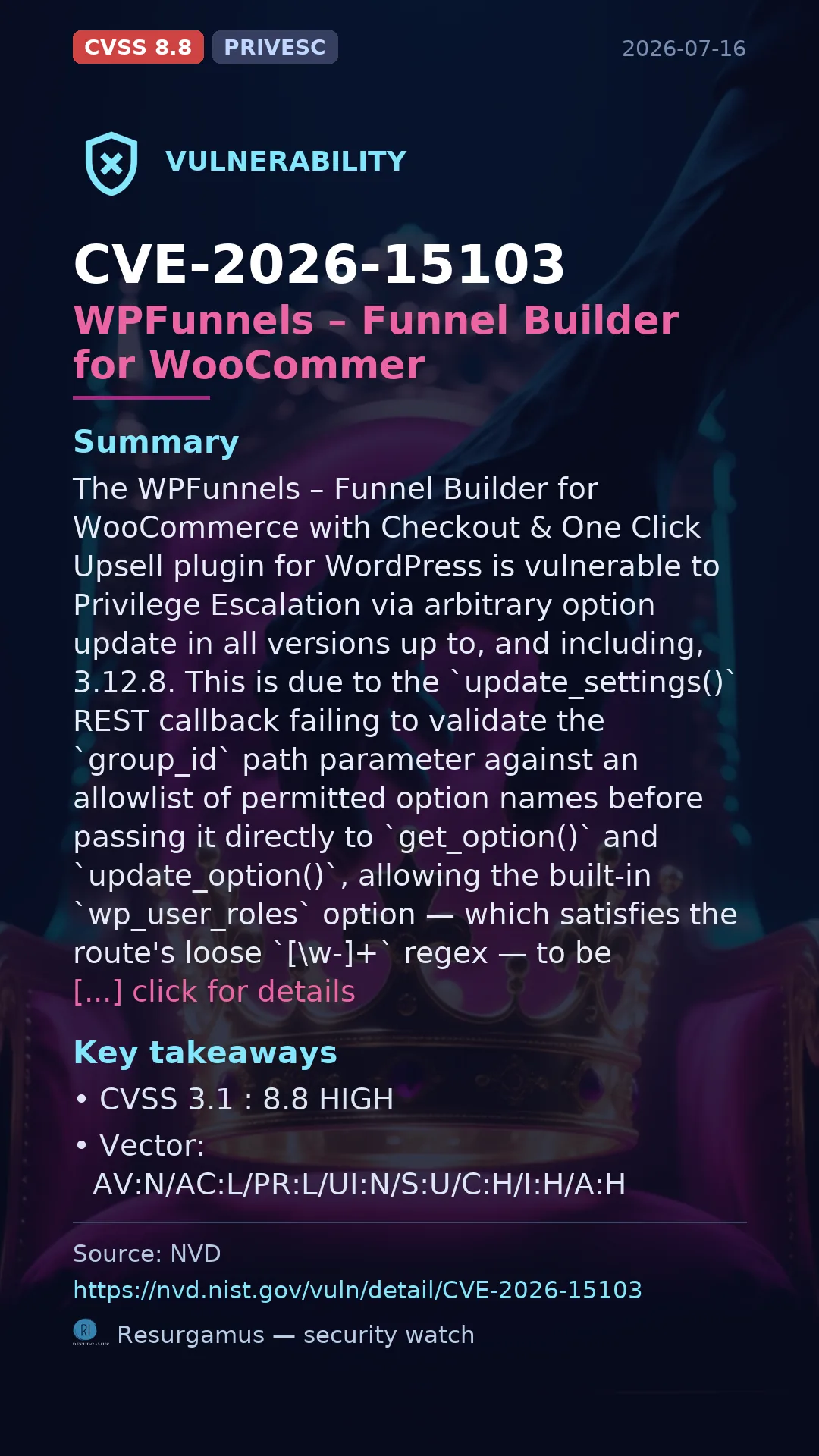 CVE-2026-15103 WPFunnels – Funnel Builder for WooCommer Vulnerability