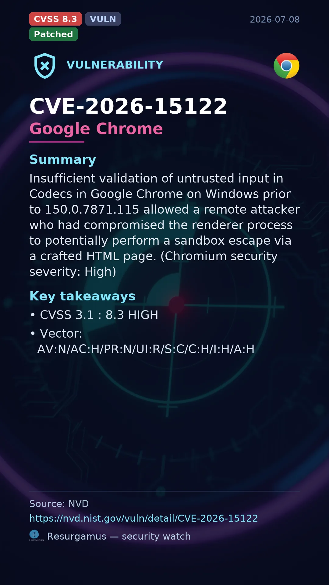 CVE-2026-15122 Google Chrome Vulnerability