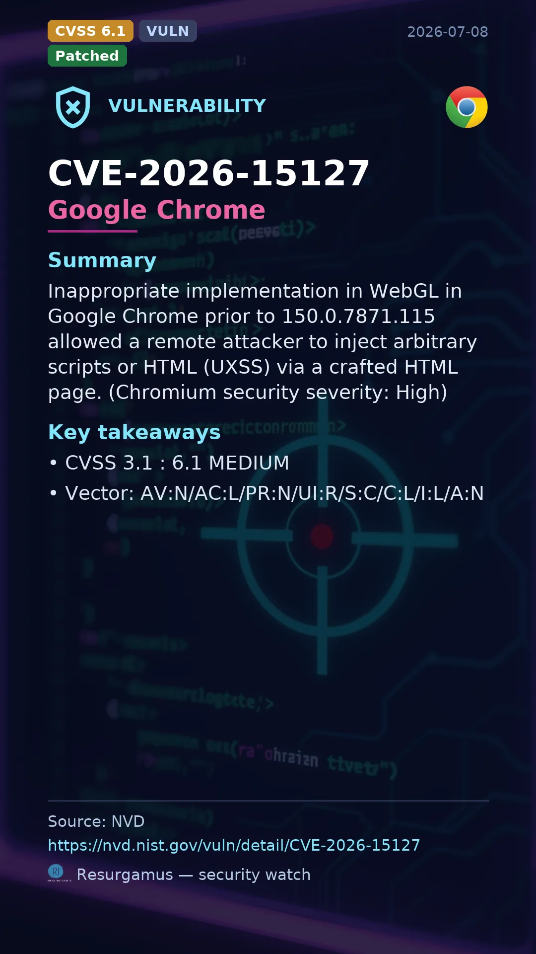 CVE-2026-15127 Google Chrome Vulnerability
