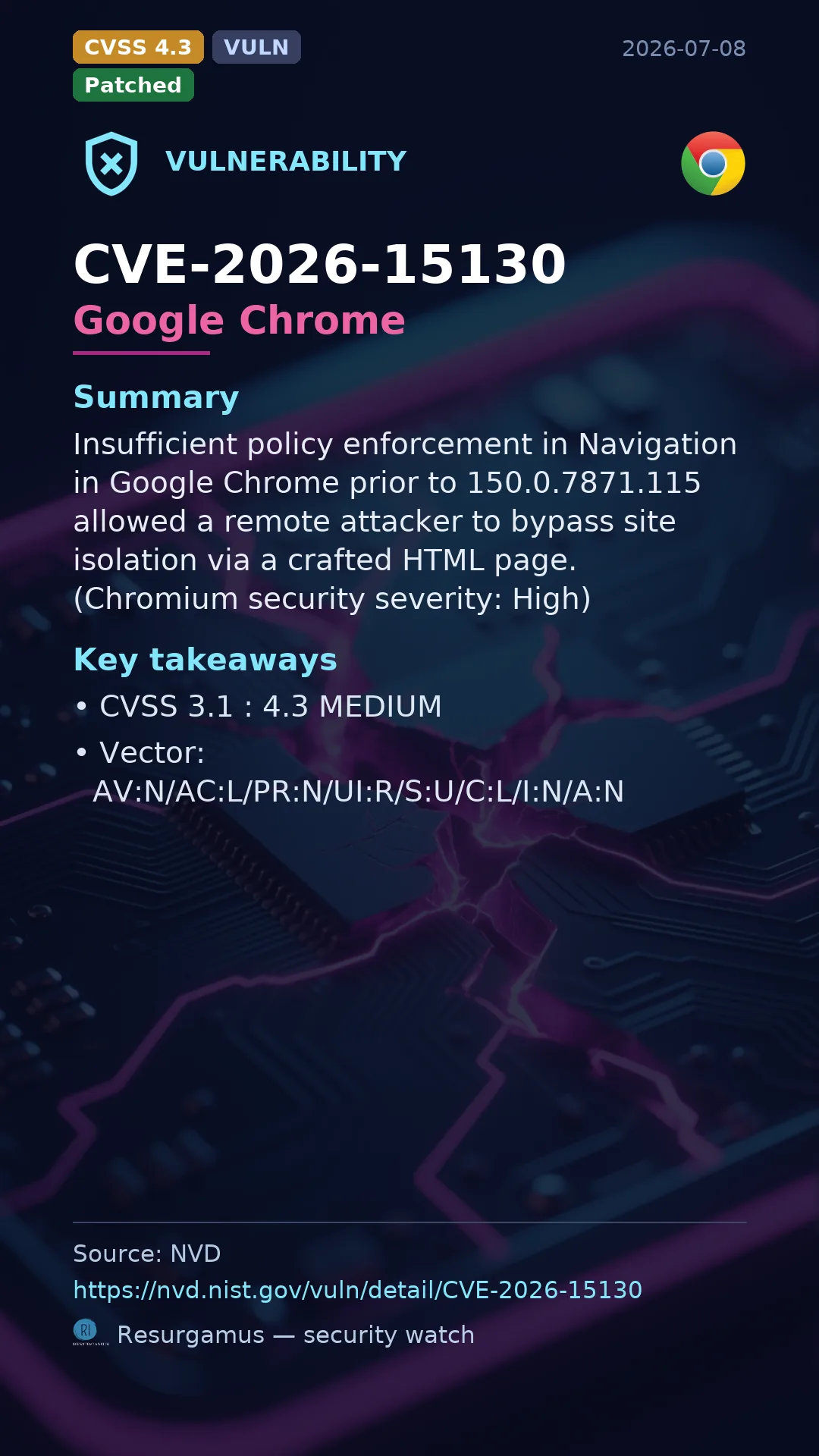 CVE-2026-15130 Google Chrome Vulnerability