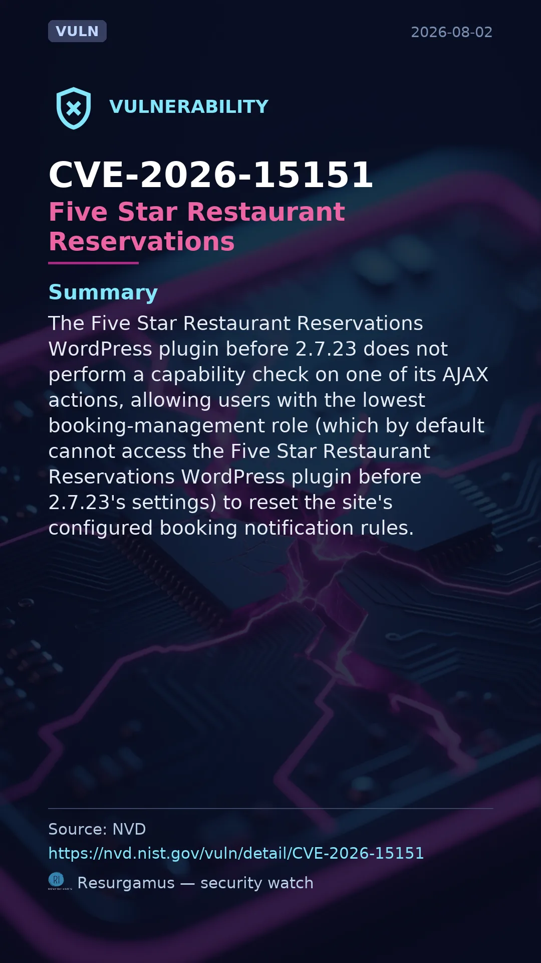 CVE-2026-15151 Five Star Restaurant Reservations Vulnerability