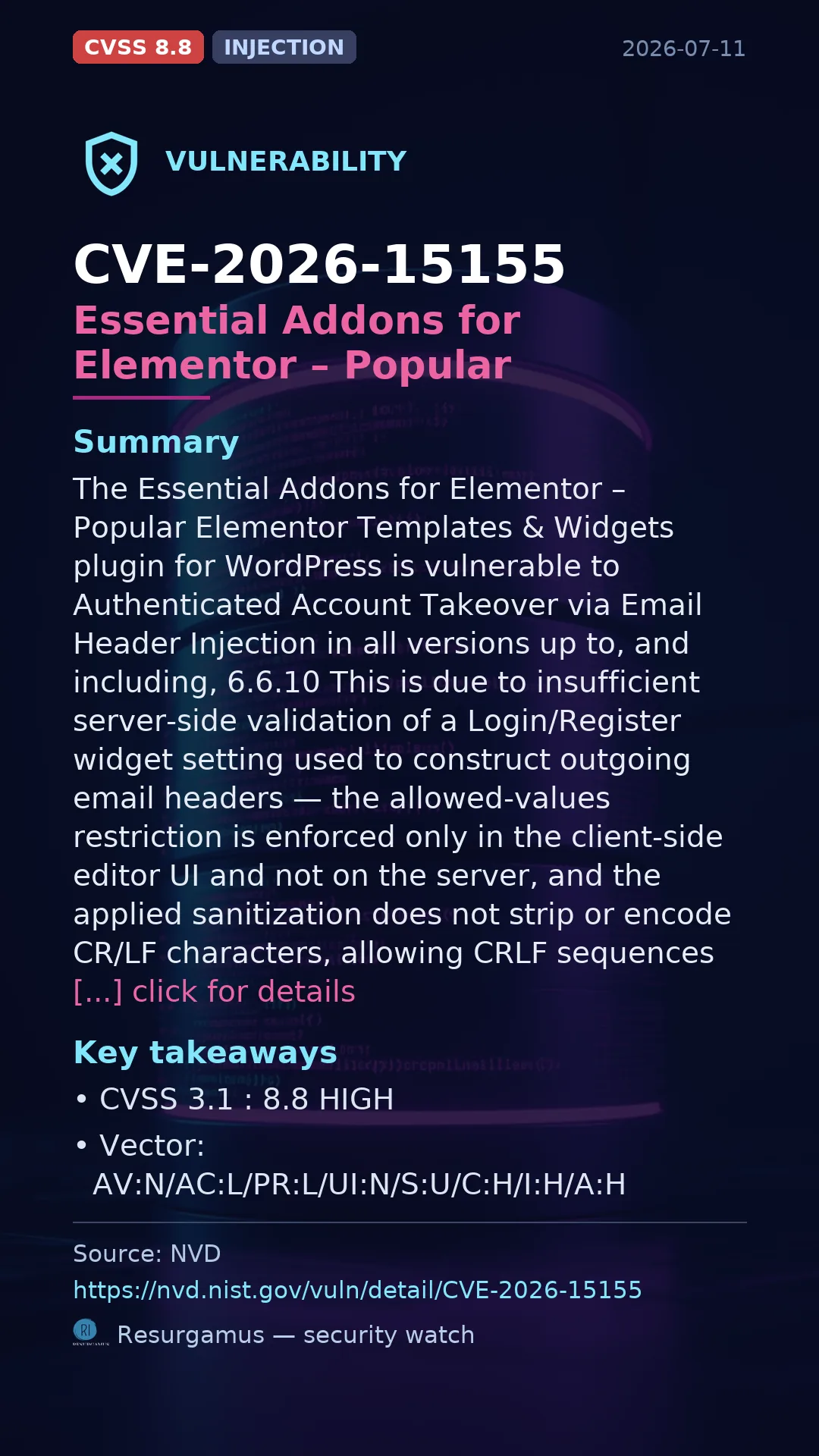 CVE-2026-15155 Essential Addons for Elementor – Popular Vulnerability