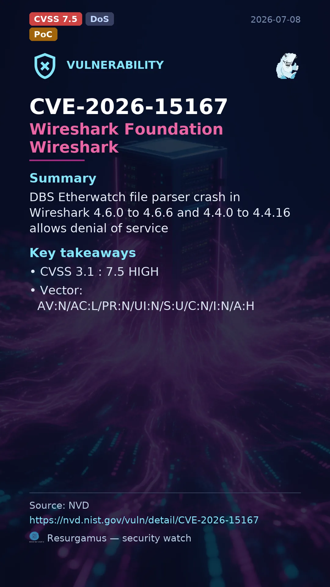 CVE-2026-15167 Wireshark Foundation Wireshark Vulnerability