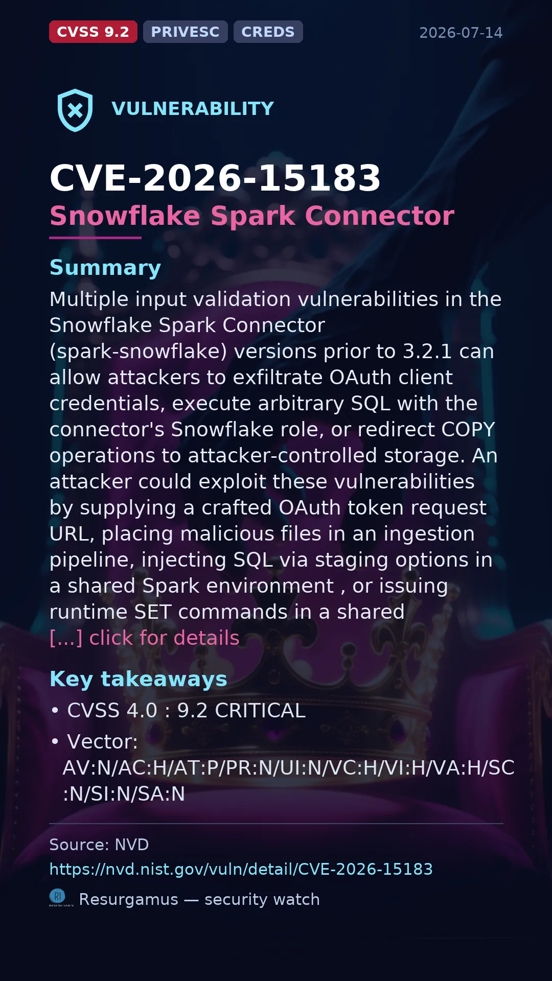 CVE-2026-15183 Snowflake Spark Connector Vulnerability
