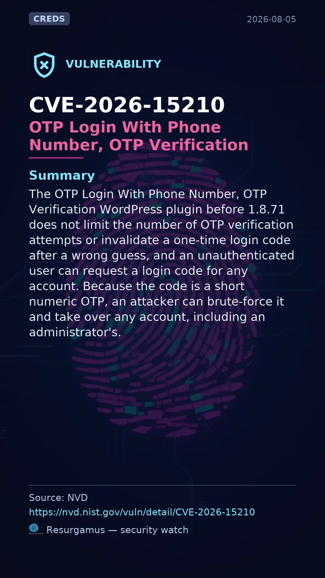CVE-2026-15210 OTP Login With Phone Number, OTP Verification Vulnerability