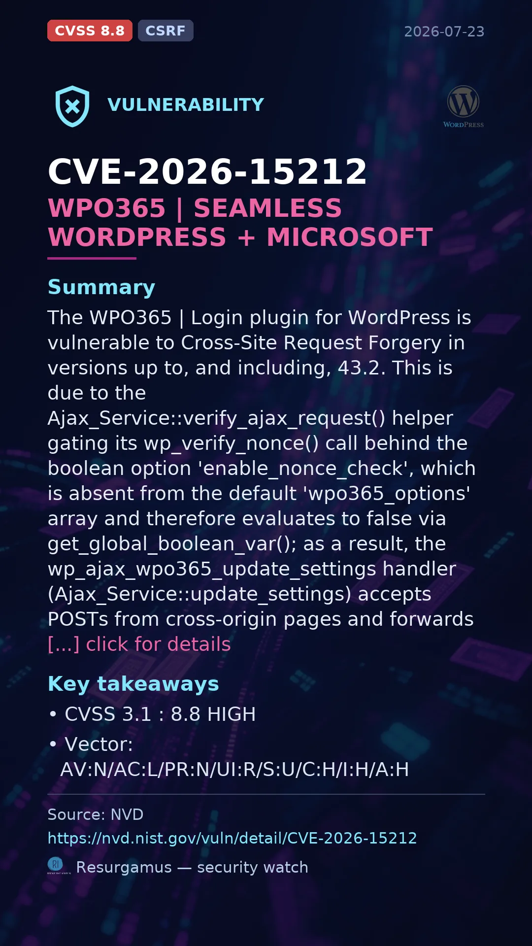 CVE-2026-15212 WPO365 | SEAMLESS WORDPRESS + MICROSOFT INTEGRATION (WPO365  Vulnerability