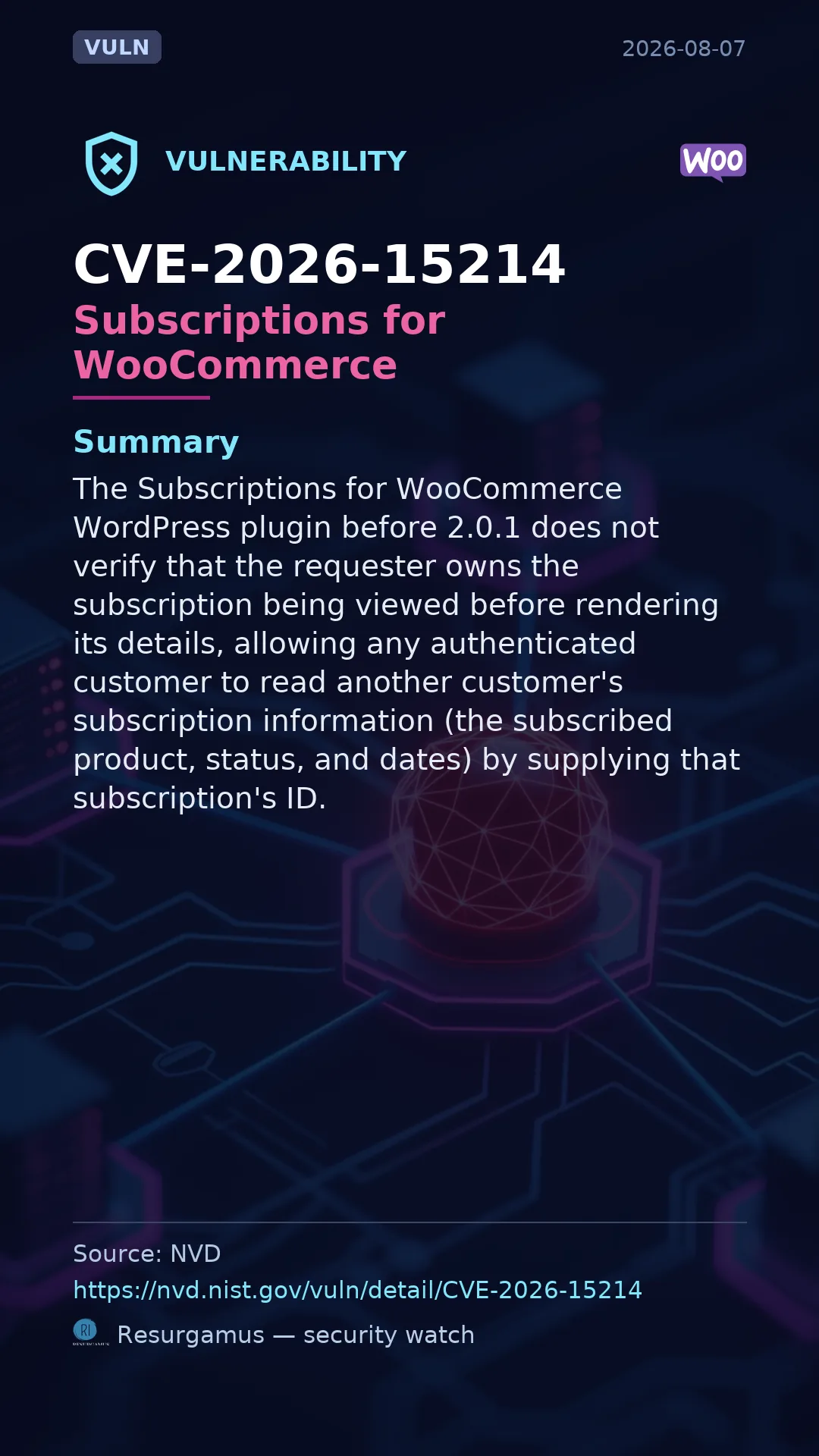 CVE-2026-15214 Subscriptions for WooCommerce Vulnerability