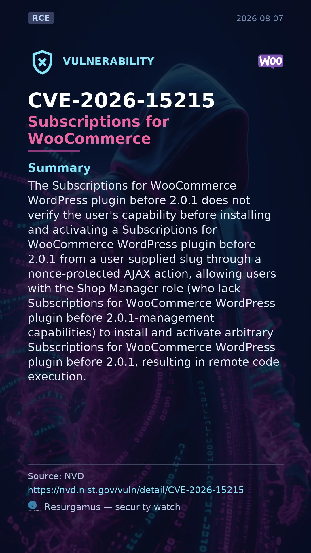 CVE-2026-15215 Subscriptions for WooCommerce Vulnerability