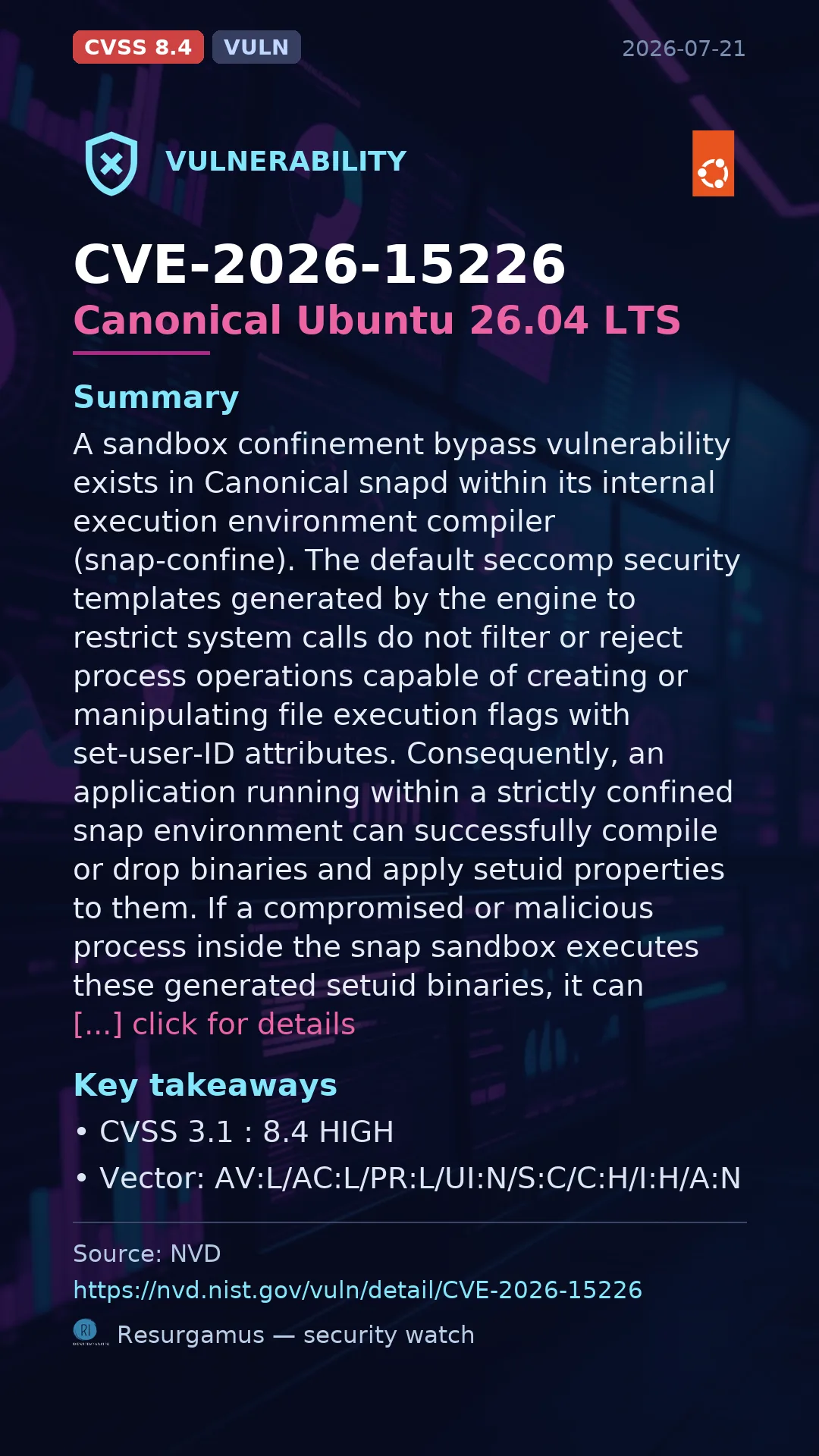 CVE-2026-15226 Canonical Ubuntu 26.04 LTS Vulnerability