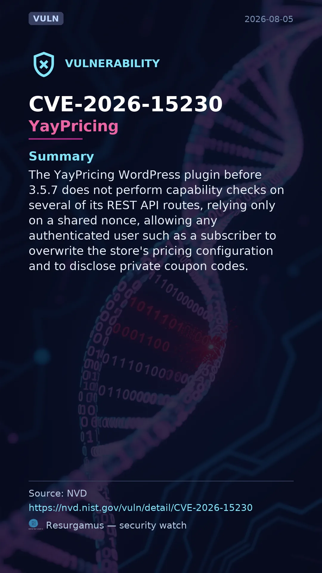 CVE-2026-15230 YayPricing Vulnerability