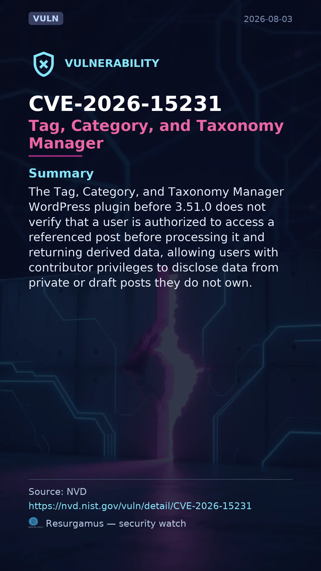 CVE-2026-15231 Tag, Category, and Taxonomy Manager Vulnerability