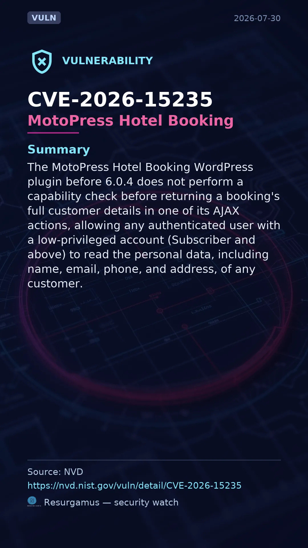 CVE-2026-15235 MotoPress Hotel Booking Vulnerability