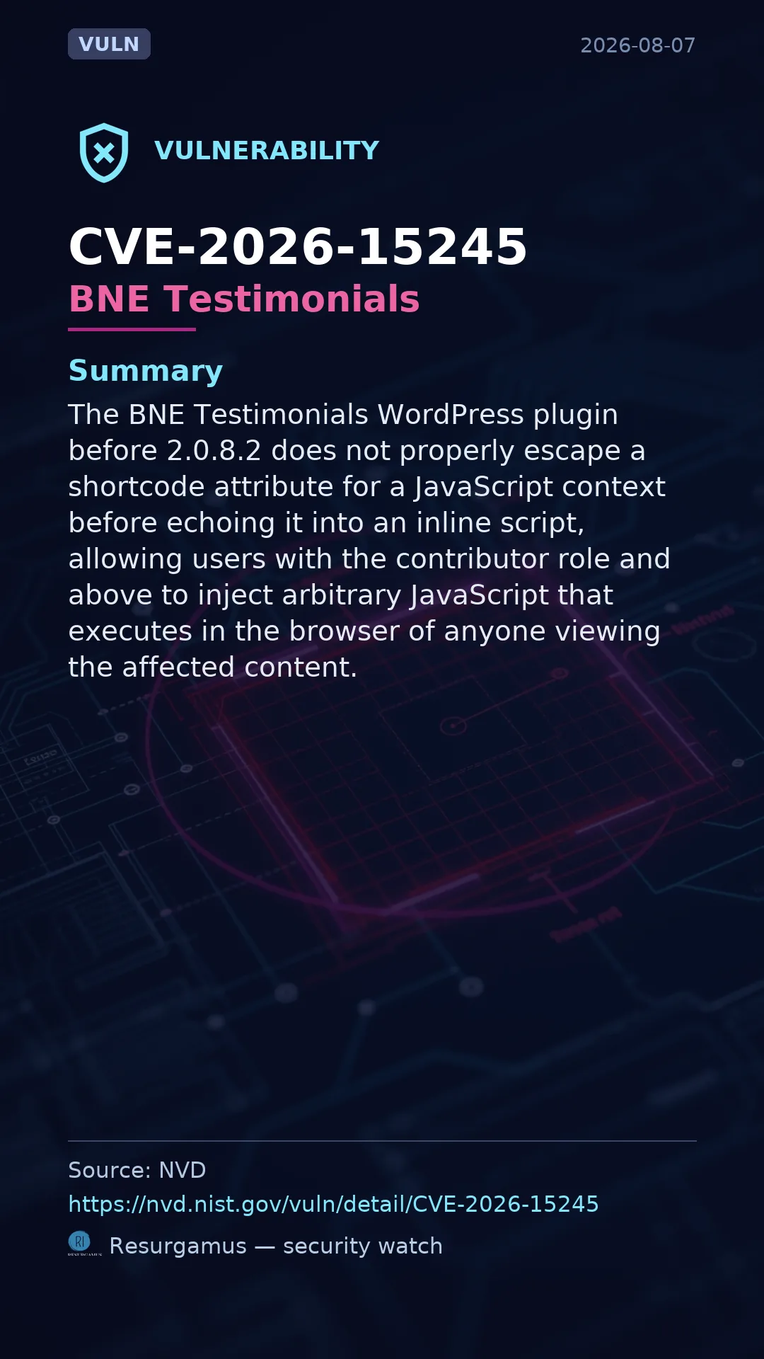 CVE-2026-15245 BNE Testimonials Vulnerability