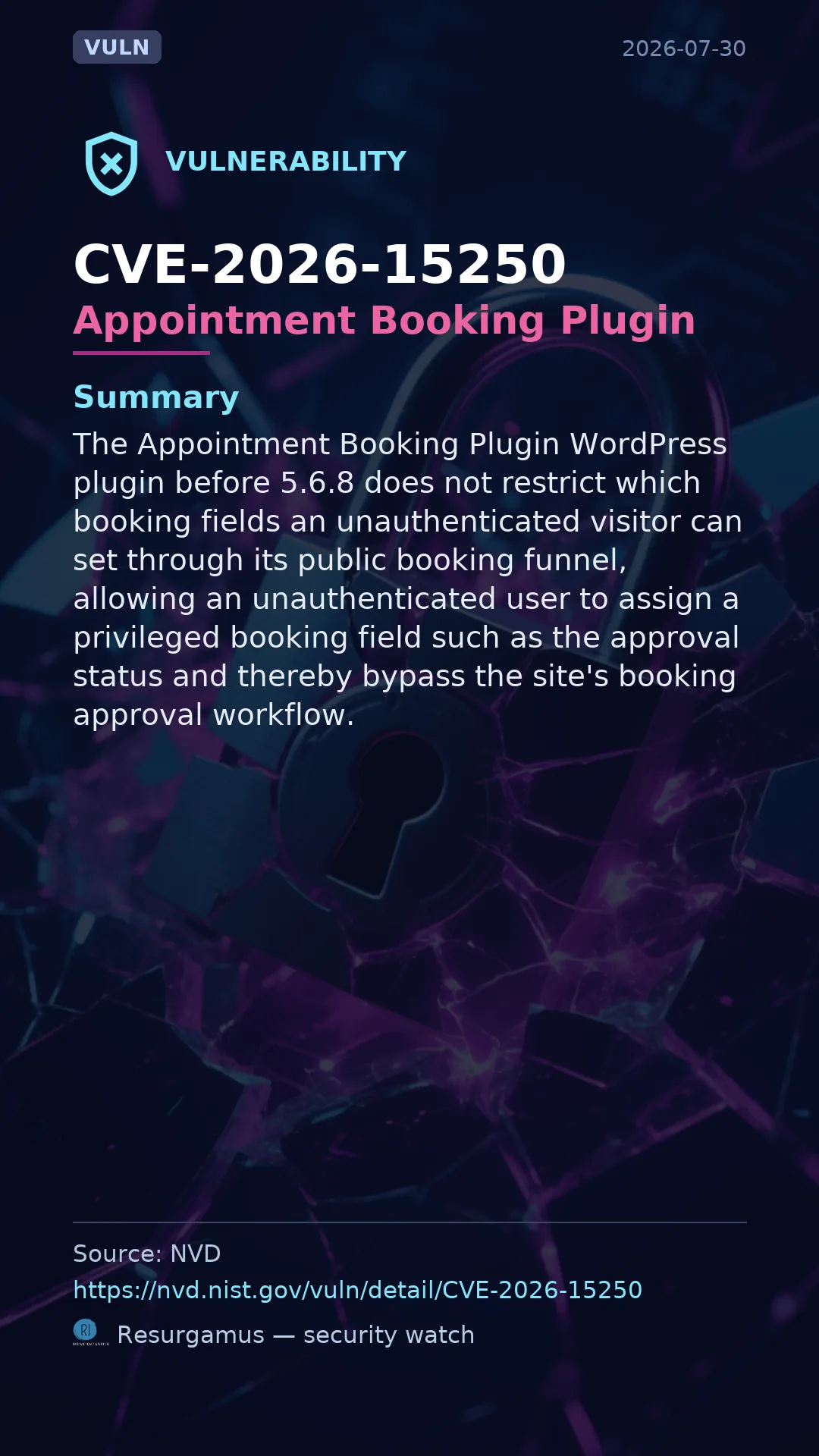 CVE-2026-15250 Appointment Booking Plugin Vulnerability