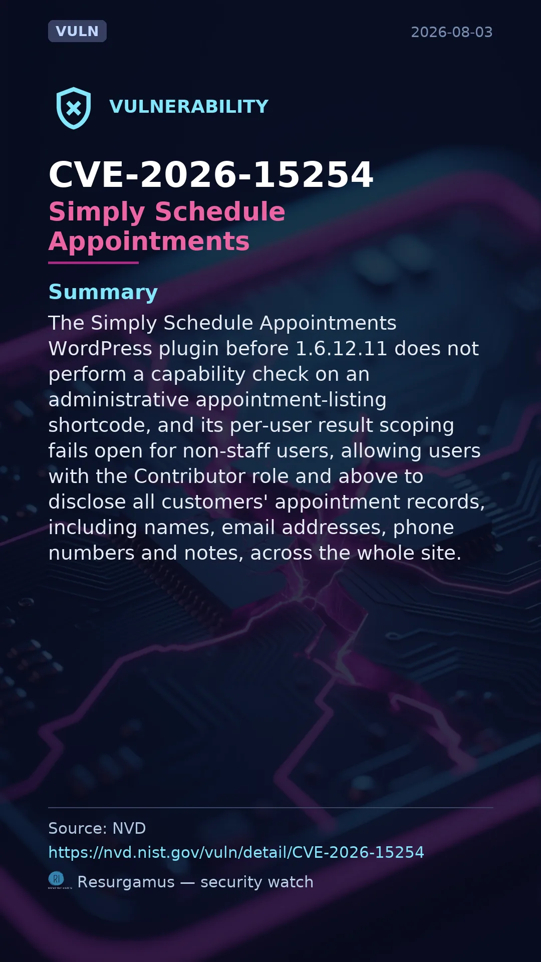 CVE-2026-15254 Simply Schedule Appointments Vulnerability